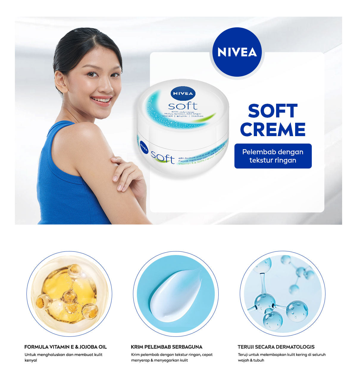 NIVEA Cream Moisturizer Soft Creme Jar 50ml - Hand body krim cream lotion mositurizer multifungsi jar putih body care kulit kering kasar badan wajah muka sikut tumit memperbaiki skin barrier pelembab melembutkan badan halus - Vitamin E, Jojoba Oil