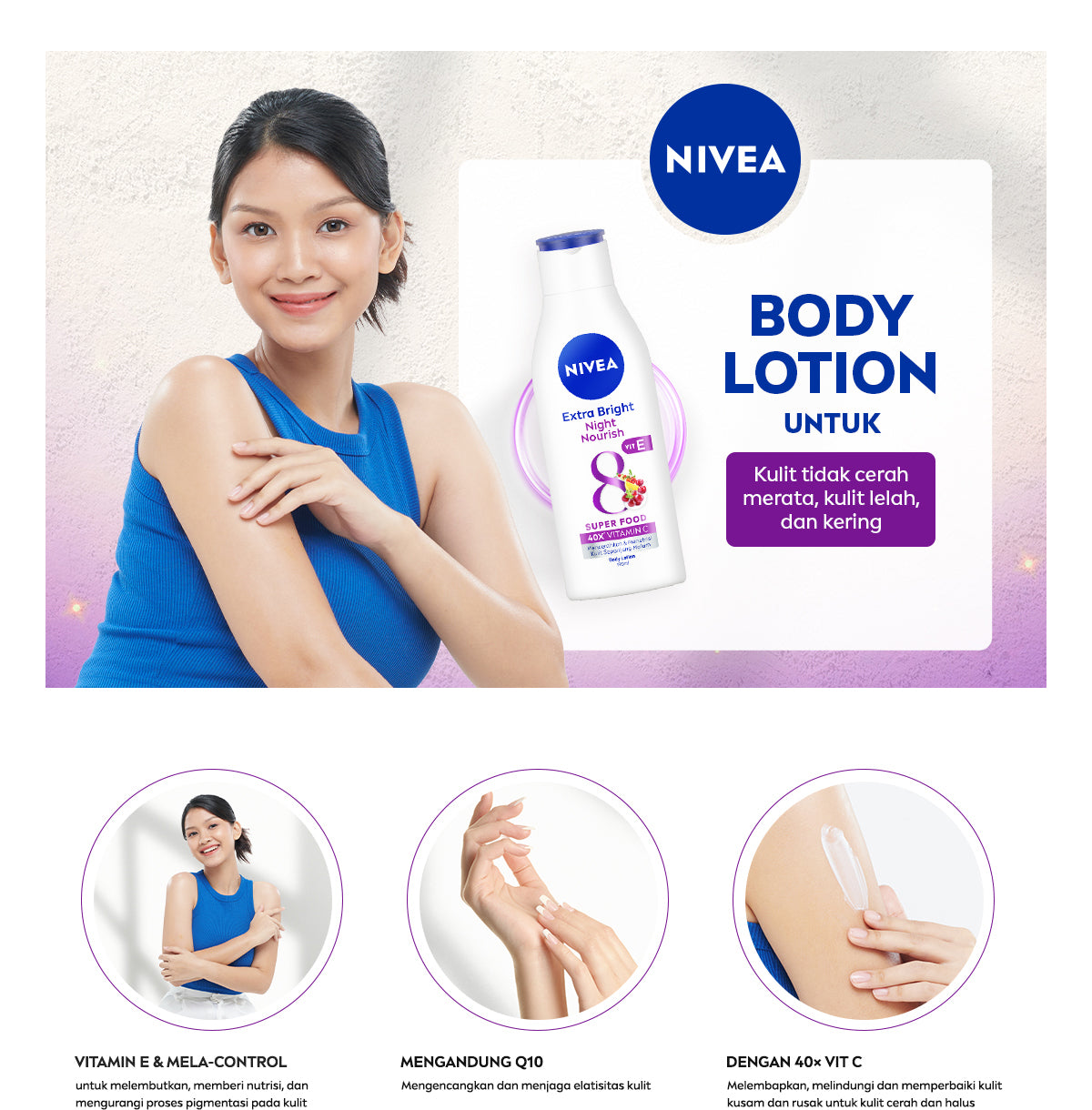 NIVEA Body Lotion Extra Bright Night Nourish Vit E 190ml - Hand body lotion moisturizer mencerahkan kulit kusam cerah badan glowing brightening tone up melembabkan kering pagi malam day & night - 40x Vitamin C, Vitamin E, 8 Super food