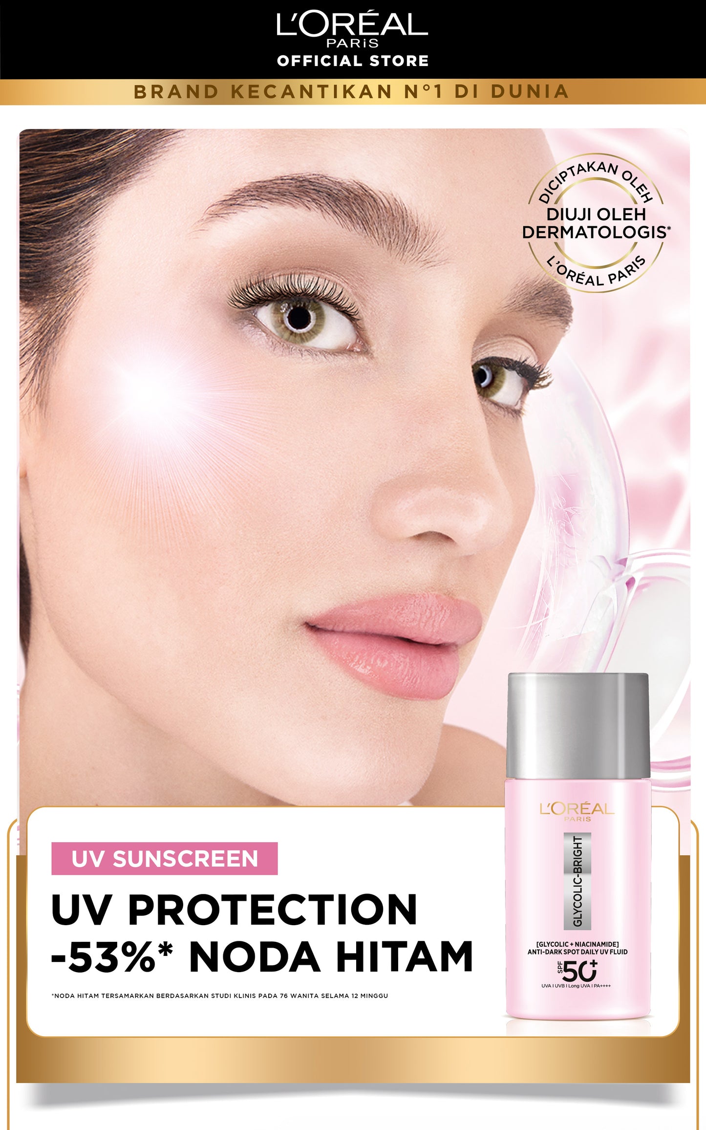 [NEW LAUNCH!] GLYCOLIC - BRIGHT ANTI DARK-SPOT DAILY UV FLUID SPF 50+ l 50ml l SUNSCREEN PERTAMA UNTUK MENYAMARKAN NODA HITAM, BEKAS JERAWAT, DAN MENCERAHKAN l TABIR SURYA, SPF, SUNBLOK, SUN SCREEN