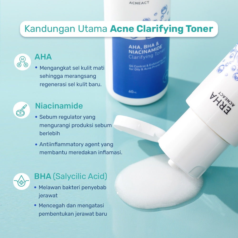 ERHA Acneact AHA BHA & Niacinamide Clarifiying Toner 60ml - Toner Wajah Eksfoliasi  Jerawat & Minyak