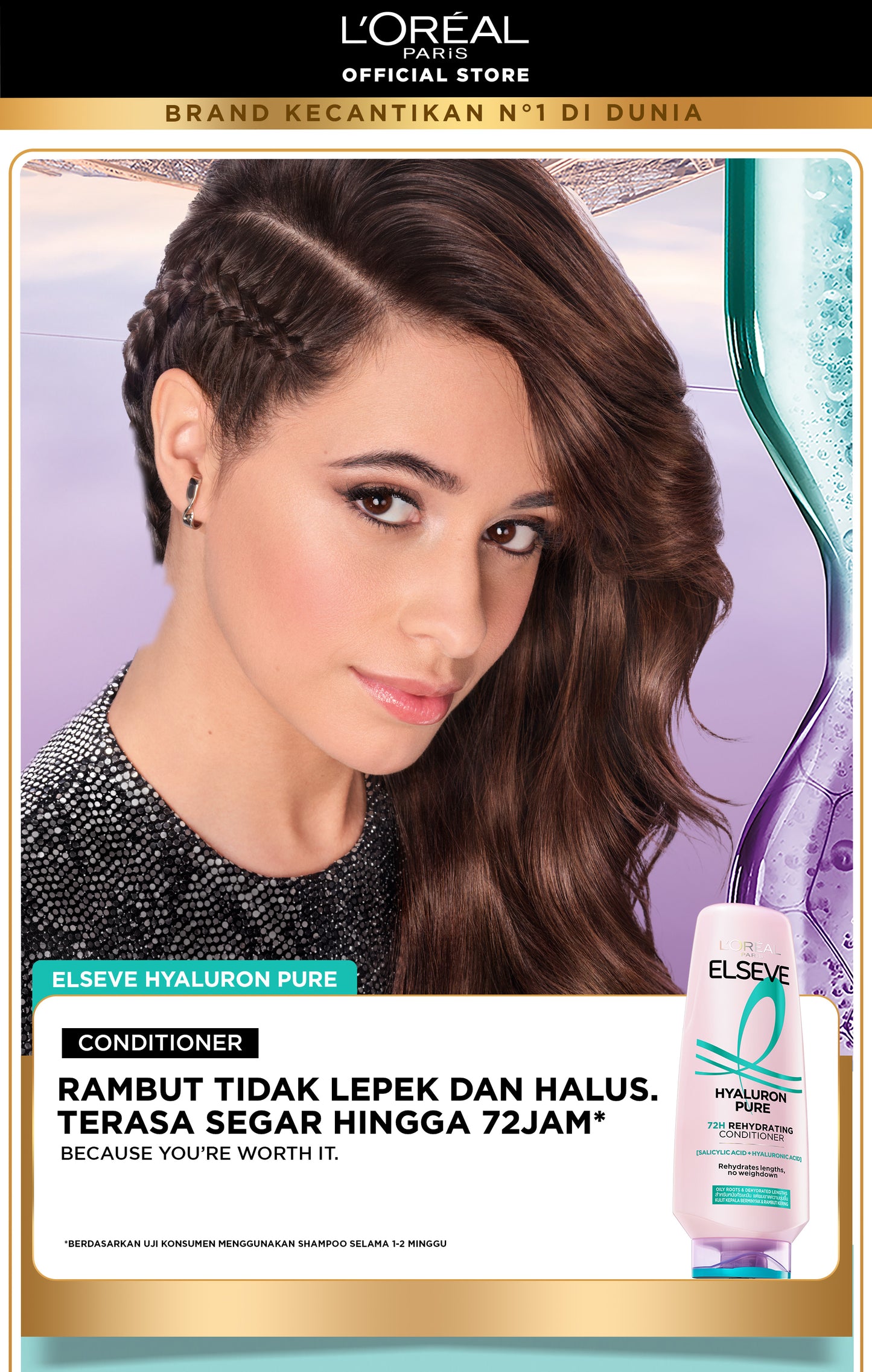 [BARU] L'Oreal Paris Hyaluron Pure 72H Rehydrating Conditioner - Perawatan Rambut Bebas Lepek dan Rambut Halus tahan hingga 72jam -  265ml - Kulit Kepala Berminyak dan Rambut Kering