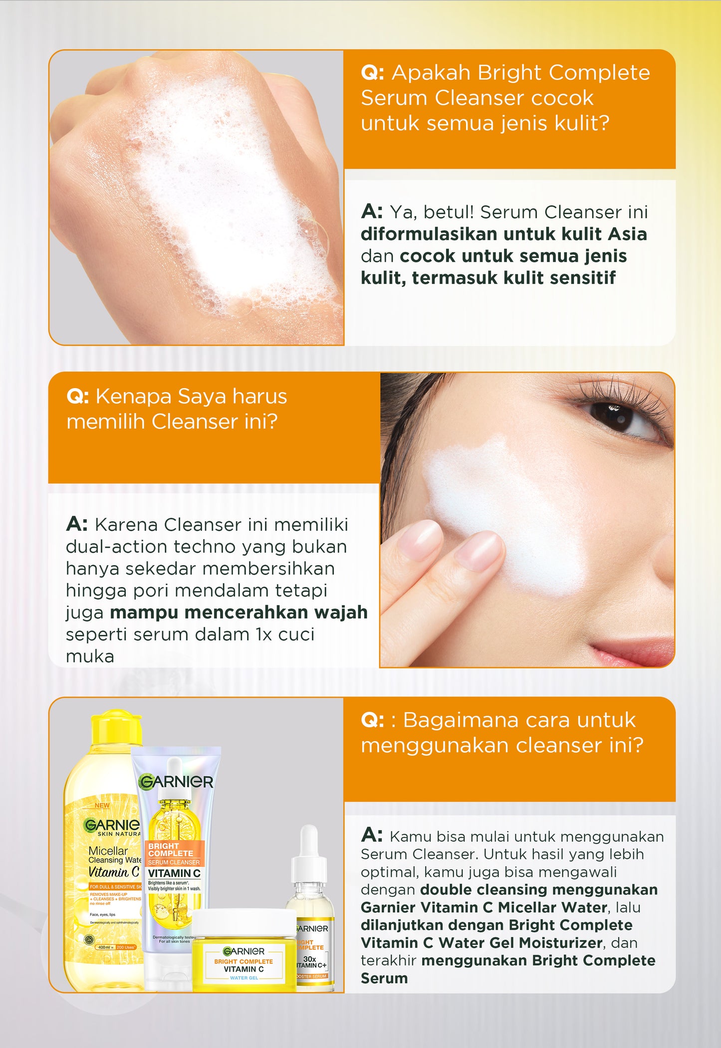 GARNIER Facial Wash Bright Complete Vitamin C Serum Cleanser 100ml Paket Skincare Pembersih Wajah Mencerahkan Seperti Serum Wash Sabun Cuci Muka Sabun Muka Glowing dan Memutihkan Moisturizer Sunscreen
