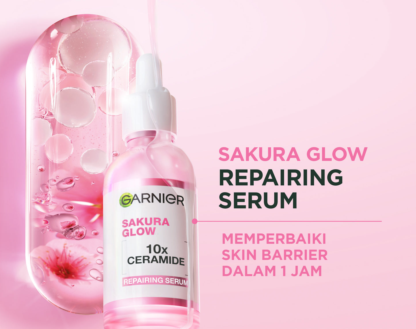 GARNIER Serum Perbaiki Skin Barrier Sakura Glow Hyaluron Ceramide 30x Booster Serum 30ml - Skincare Serum untuk kulit glowing
