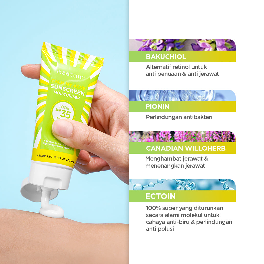 Azarine Calm My Acne Sunscreen Moisturiser SPF35 PA+++ [LOLOS UJI INVIVO INVITRO] Sunscreen Gel Untuk Kulit Berminyak Berjerawat Sensitif 40ml