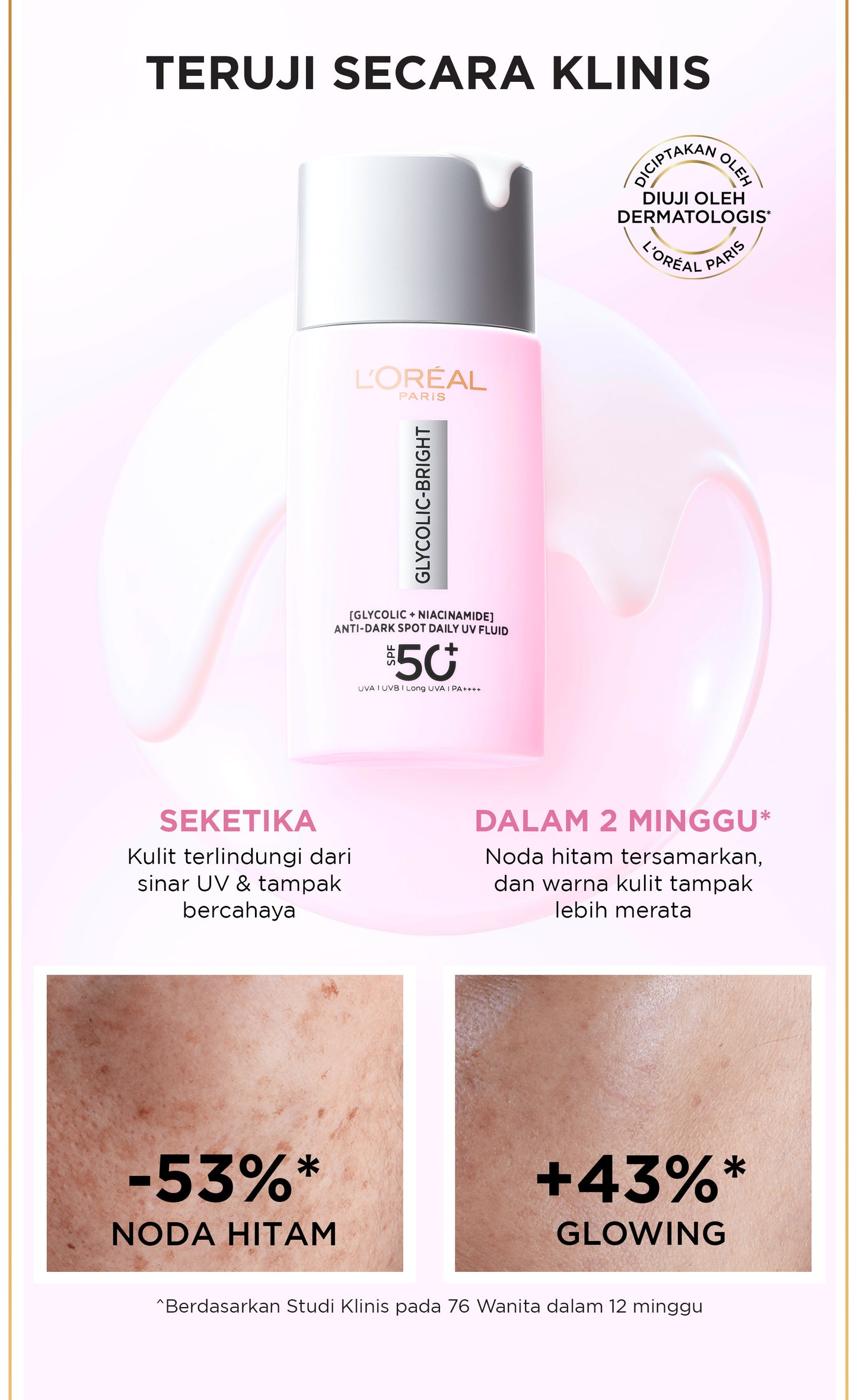 [NEW LAUNCH!] GLYCOLIC - BRIGHT ANTI DARK-SPOT DAILY UV FLUID SPF 50+ l 50ml l SUNSCREEN PERTAMA UNTUK MENYAMARKAN NODA HITAM, BEKAS JERAWAT, DAN MENCERAHKAN l TABIR SURYA, SPF, SUNBLOK, SUN SCREEN
