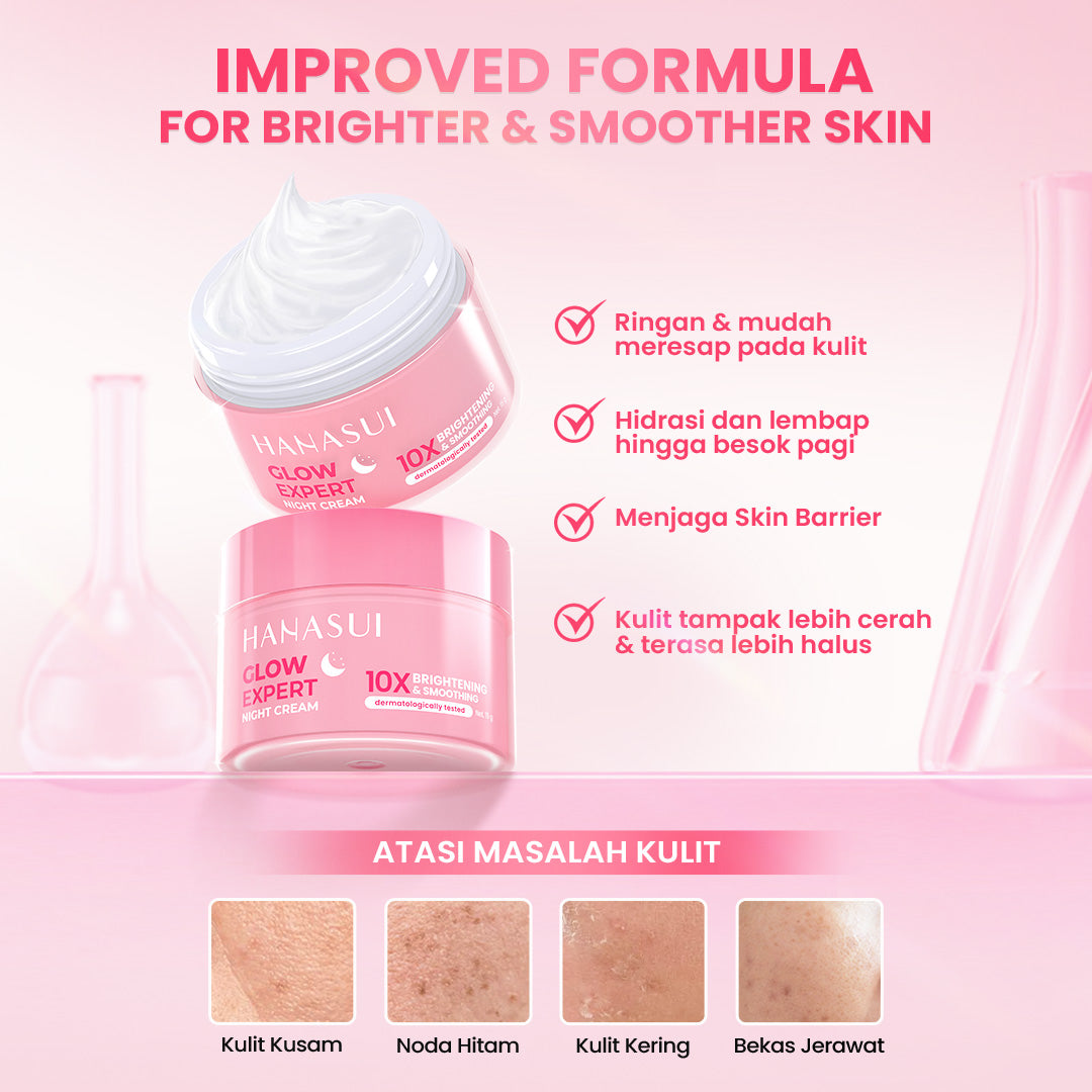 Hanasui Glow Expert Night Cream New Improved Formula - Gel Cream Ringan & Kunci Kelembaban Mencerahkan & Menghaluskan - Niacinamide & Genowhite