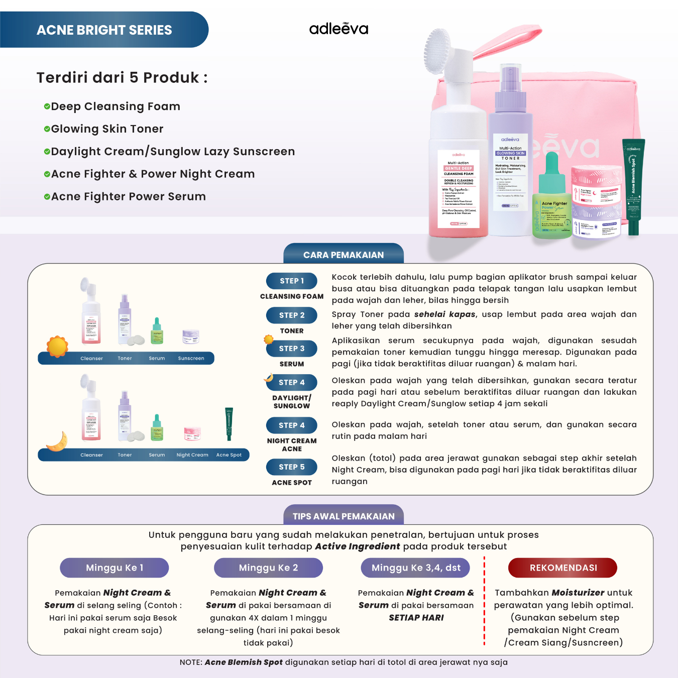 ADLEEVA Paket Hemat Acne Bright Series "COMPLETE" (Paket Isi 5 - Free Acne Blemish Spot)