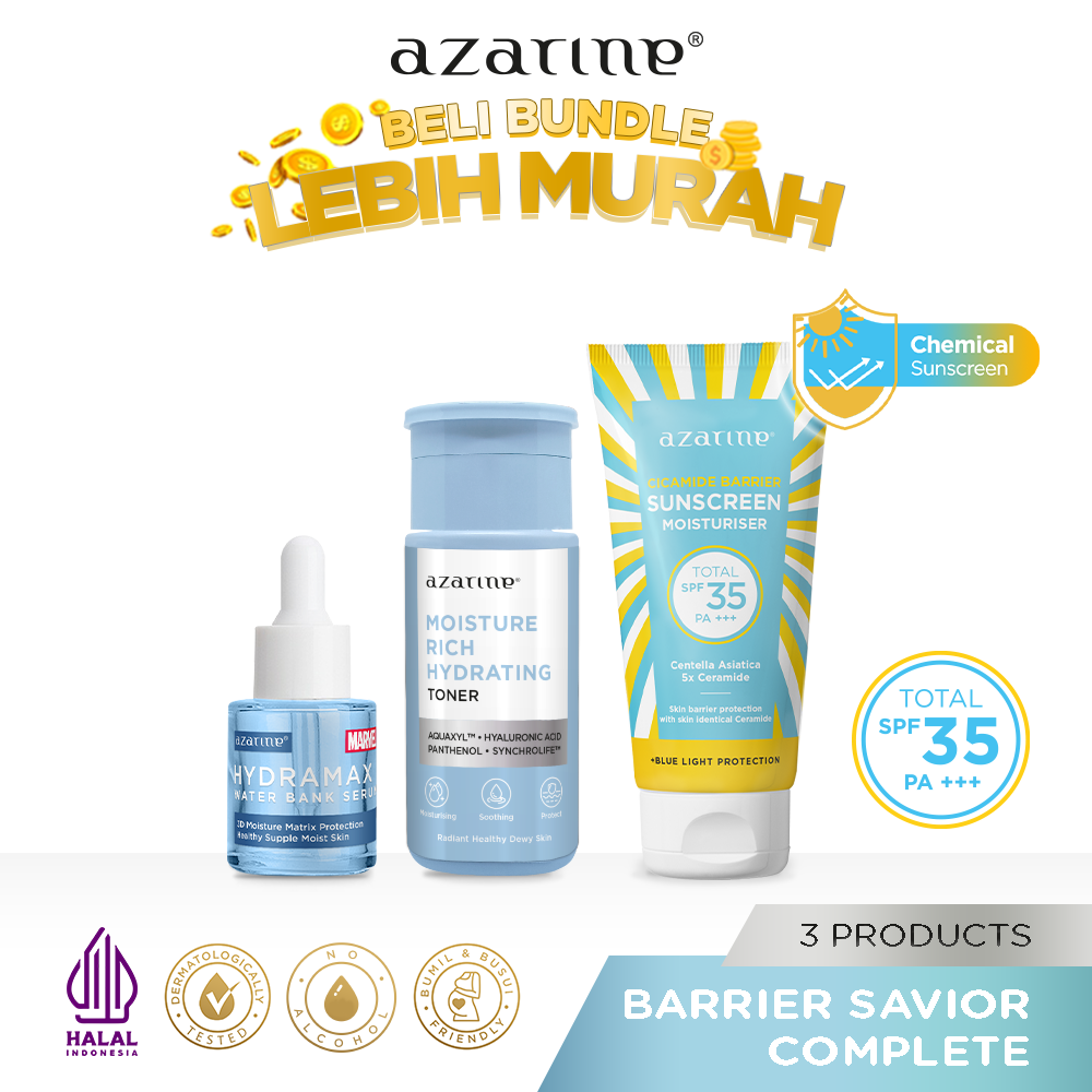 Azarine Basic Skincare Kit (Sunscreen + Toner + Serum) [3PCS] Paket TRIAL KIT KULIT KOMBINASI SENSITIF BERJERAWAT BERMINYAK KERING KUSAM KOMEDO