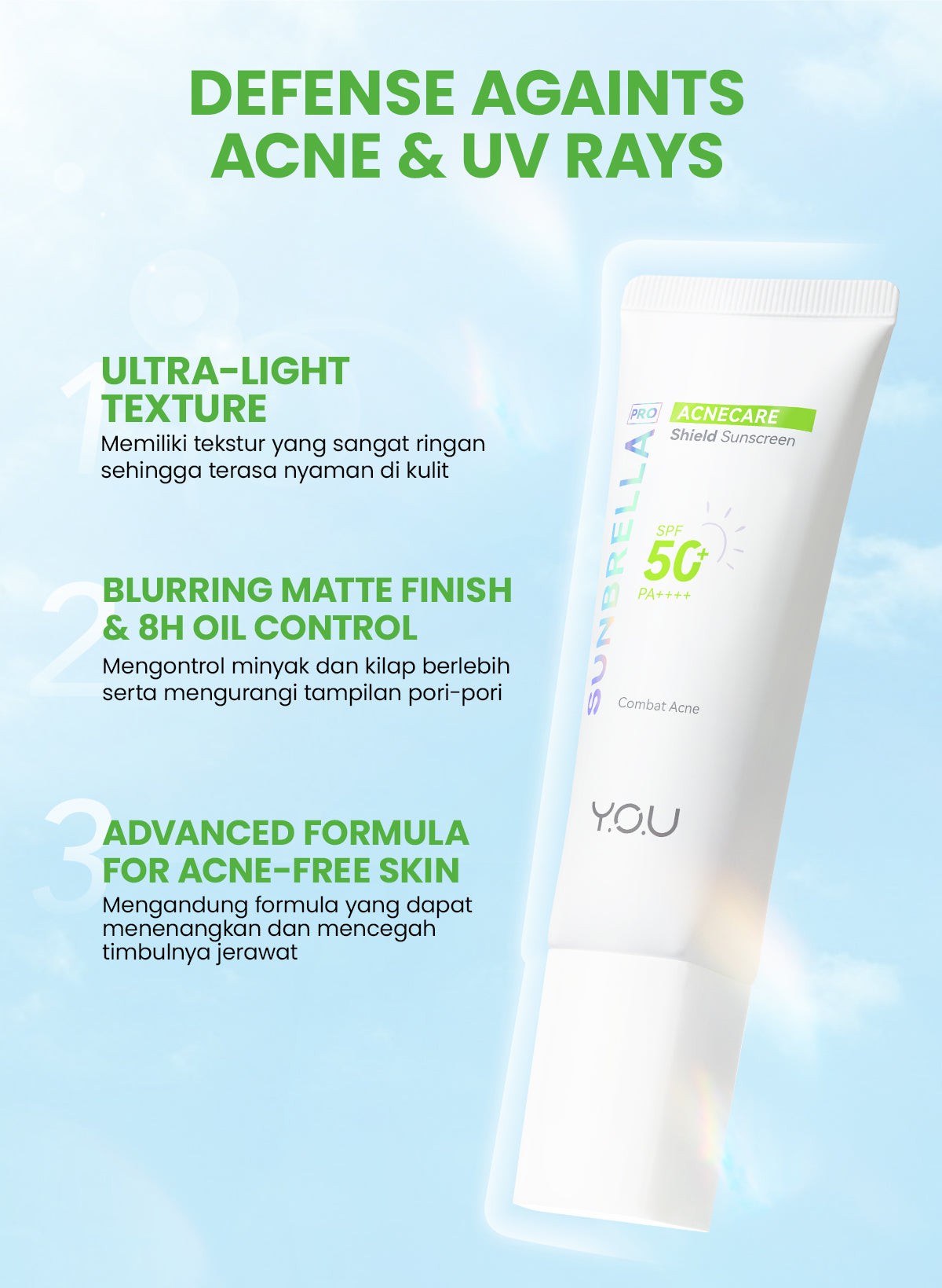 YOU Sunbrella Pro Acnecare Shield Sunscreen SPF 50+ PA++++ Acne Sunscreen Skincare  Collection Sunscreen Acne Prone Skin Melindungi dari Jerawat dan Sinar UV