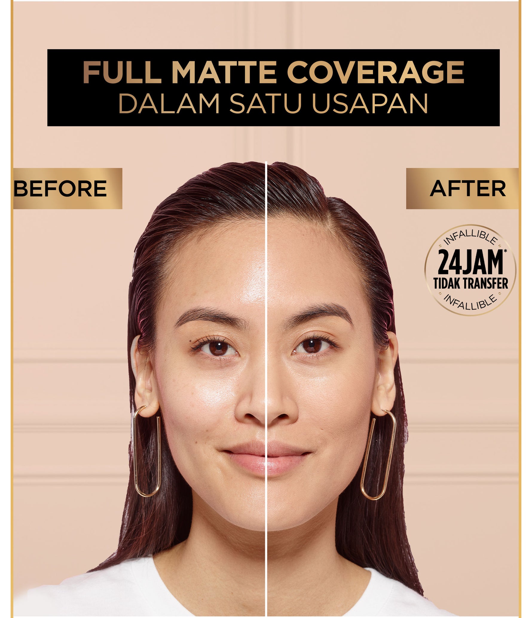 L'Oreal Paris Infallible 24h Fresh Wear Powder Foundation High Coverage, Fresh and Matte Finish Makeup - 9gr (Bedak Matte Tahan 24 Jam)