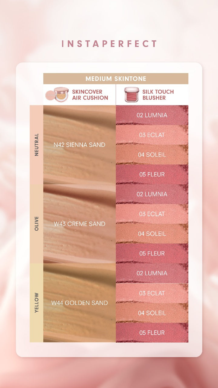 Instaperfect Base & Blush Daily Set- Skincover Air Cushion & Silk Touch Radiance Blusher- Bundle Make Up Semi Matte Finish Full Coverage