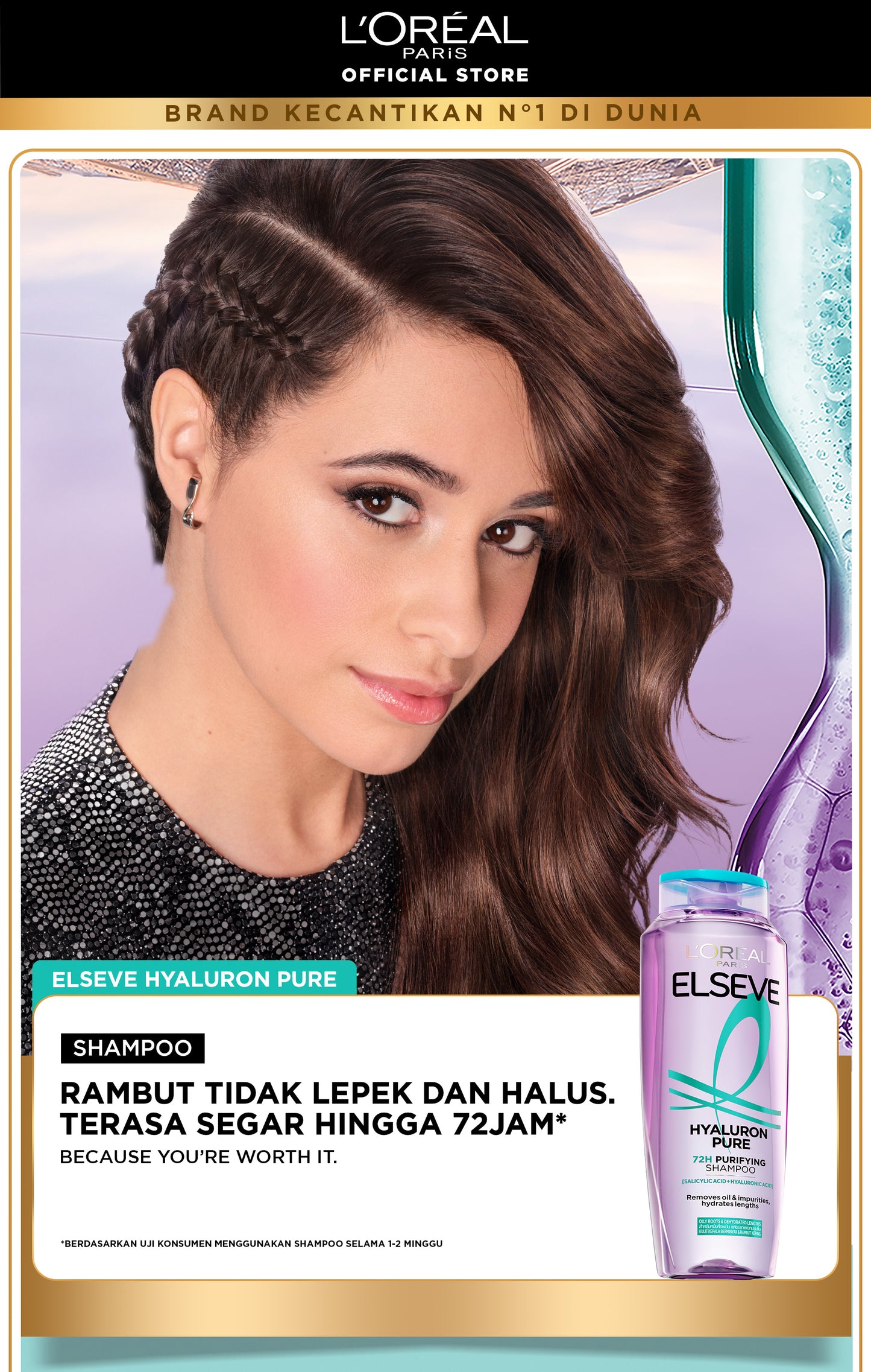 [BARU] L'Oreal Paris Hyaluron Pure 72H Purifying Shampoo - Perawatan Rambut Bebas Lepek dan Rambut Halus tahan hingga 72jam - Shampoo 280ml - Kulit Kepala Berminyak dan Rambut Kering