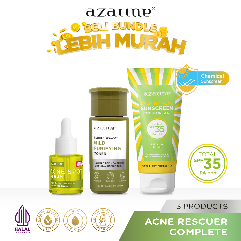 Azarine Basic Skincare Kit (Sunscreen + Toner + Serum) [3PCS] Paket TRIAL KIT KULIT KOMBINASI SENSITIF BERJERAWAT BERMINYAK KERING KUSAM KOMEDO