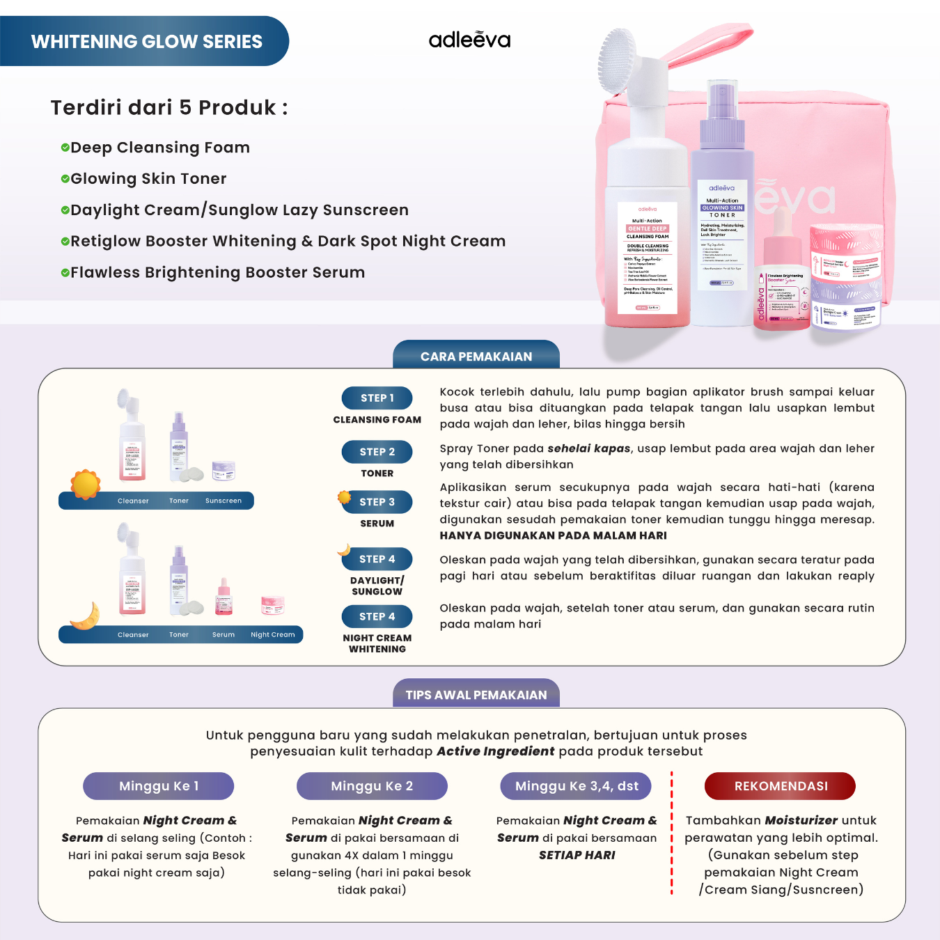 ADLEEVA Paket Hemat Whitening Glow Booster Series “COMPLETE” (Paket Isi 5)