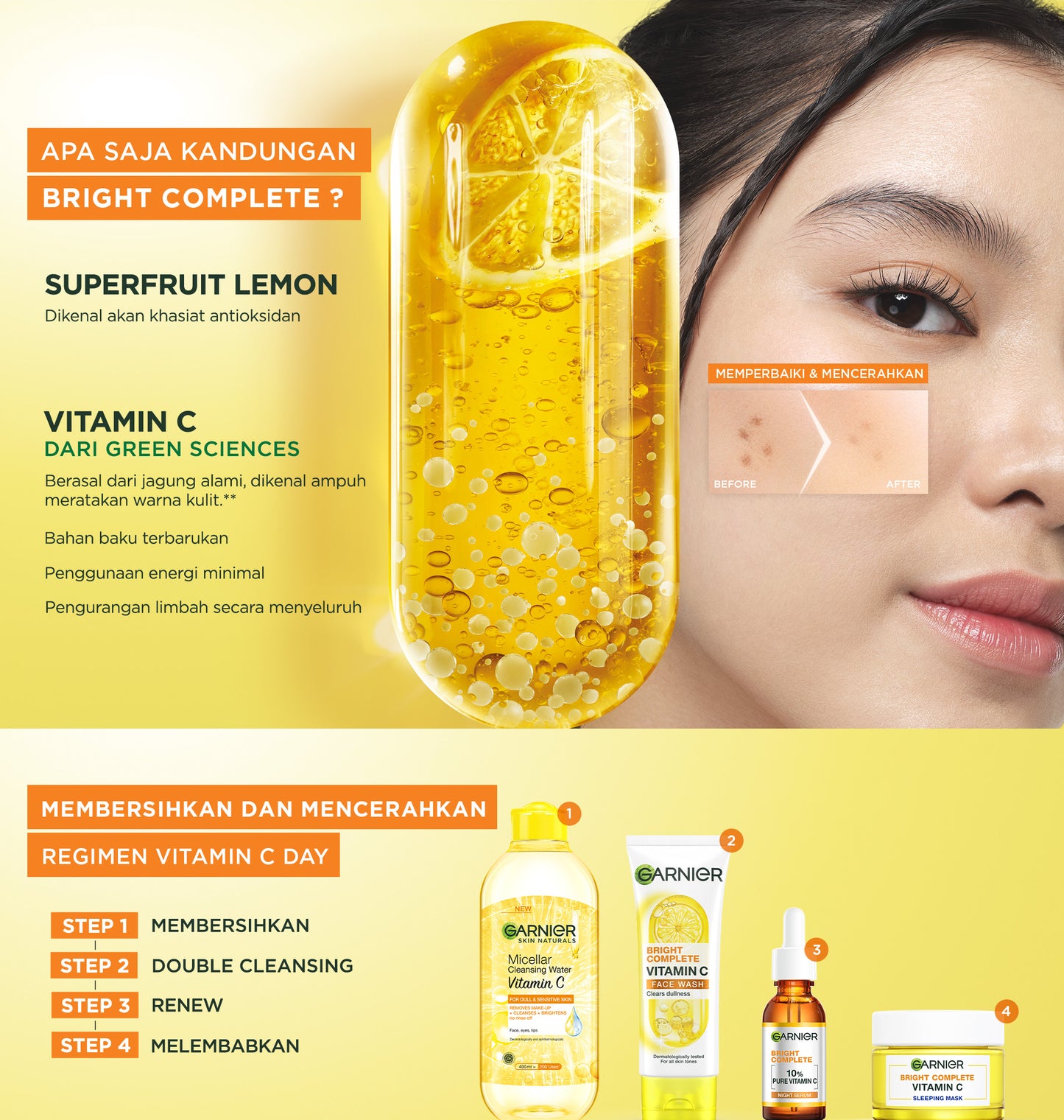 GARNIER Bright Complete Vitamin C Brightening Sleeping Mask Night Cream Krim Malam Mencerahkan 50 ml Moisturizer Tone Up Glowing Skincare - pelembab wajah pemutih wajah