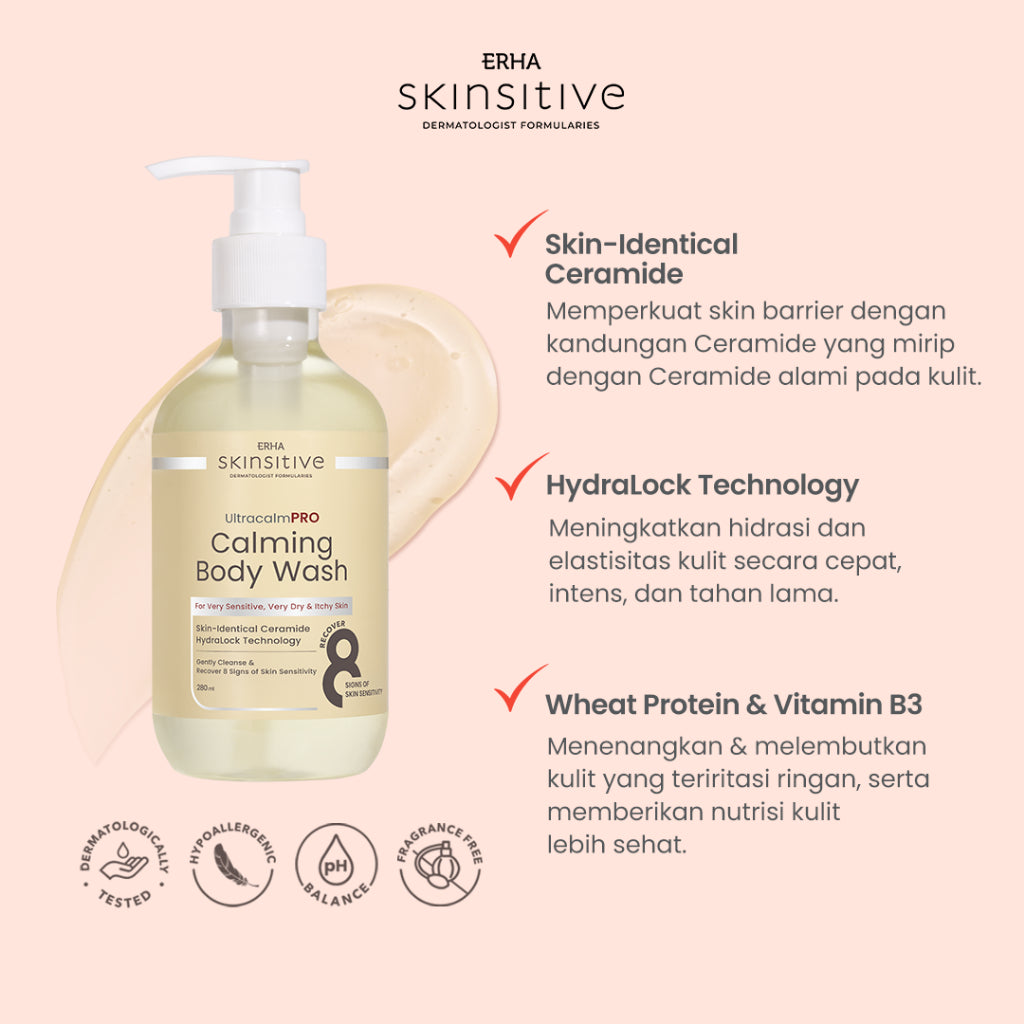 ERHA Skinsitive UltracalmPRO Calming Body Wash 280ml | Cocok Untuk Semua Jenis Kulit (Normal, Kering, Sensitif, Iritasi) | Gentle, Melembapkan dengan Ceramide, Hydrating, Calming | Aman untuk Anak 3 Tahun | Meredakan Kemerahan, Gatal, Kering | Untuk Eksim