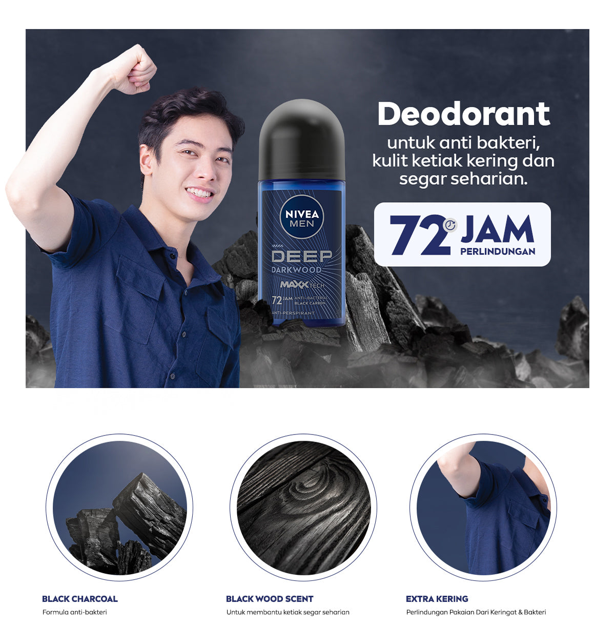 NIVEA MEN Deodorant Roll On Deep Darkwood 50ml - Deodoran pria melawan bakteri keringat bau badan dengan wangi parfum premium maskulin blackwood menjaga ketiak kering tahan lama seharian - Antiperspiran, Black charcoal