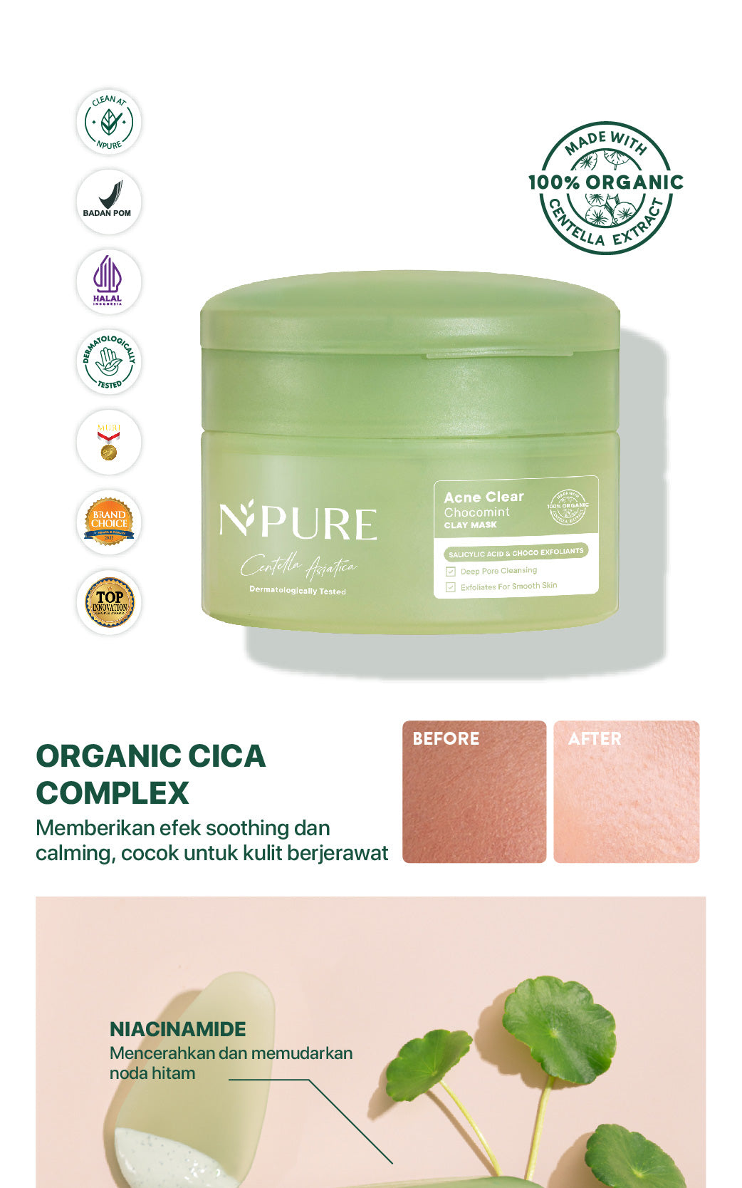 CLAY MASK CHOCOMINT - NPURE CENTELLA ASIATICA ACNE CLEAR CHOCOMINT CLAY MASK / Masker Anti Jerawat Komedo / Masker Kulit Berminyak