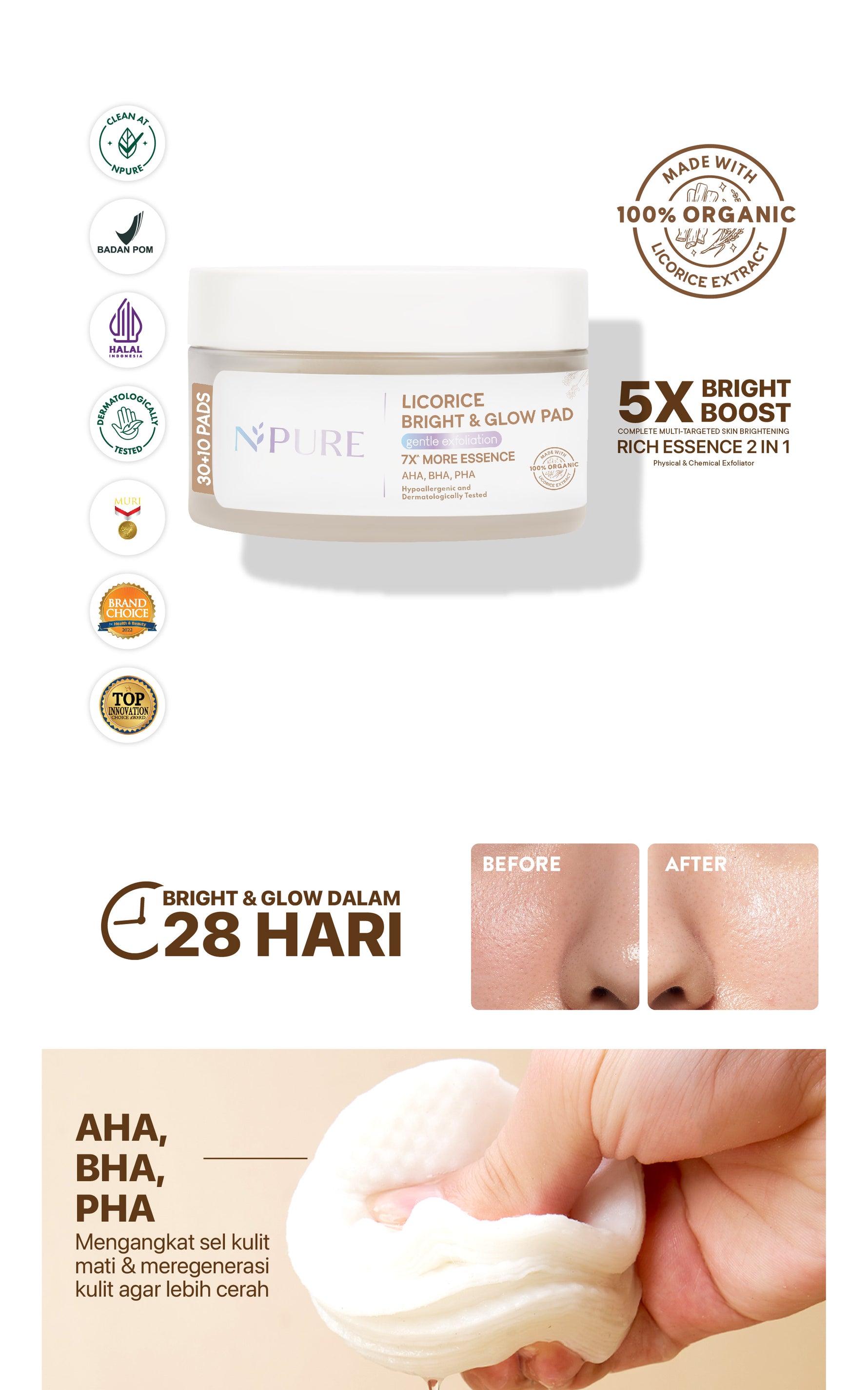 FREE SHEETMASK - NPURE Brightening Exfoliating Pad Licorice / Light Up / Kapas Wajah Exfoliasi Cerah Glowing