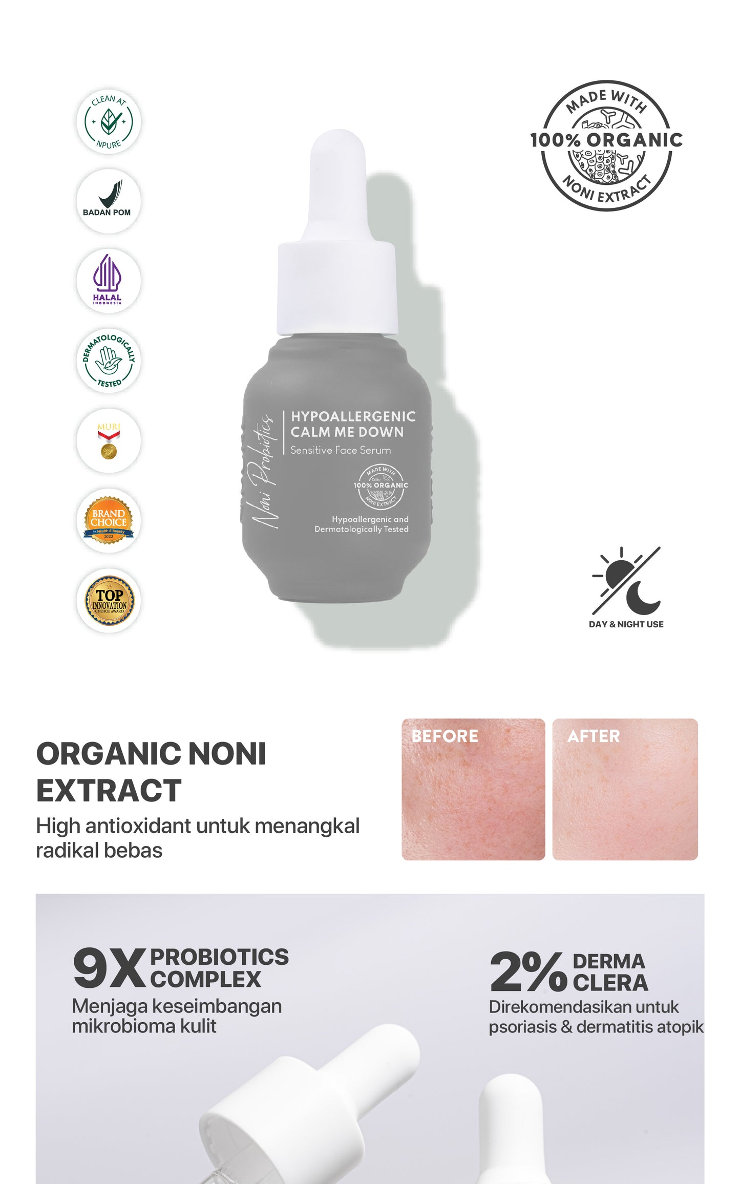 NPURE NONI PROBIOTICS HYPOALLERGENIC “CALM ME DOWN” SENSITIVE FACE SERUM / Serum Wajah Hypoallergenic Sensitif Kemerahan / Semua Jenis Kulit / Ceramide