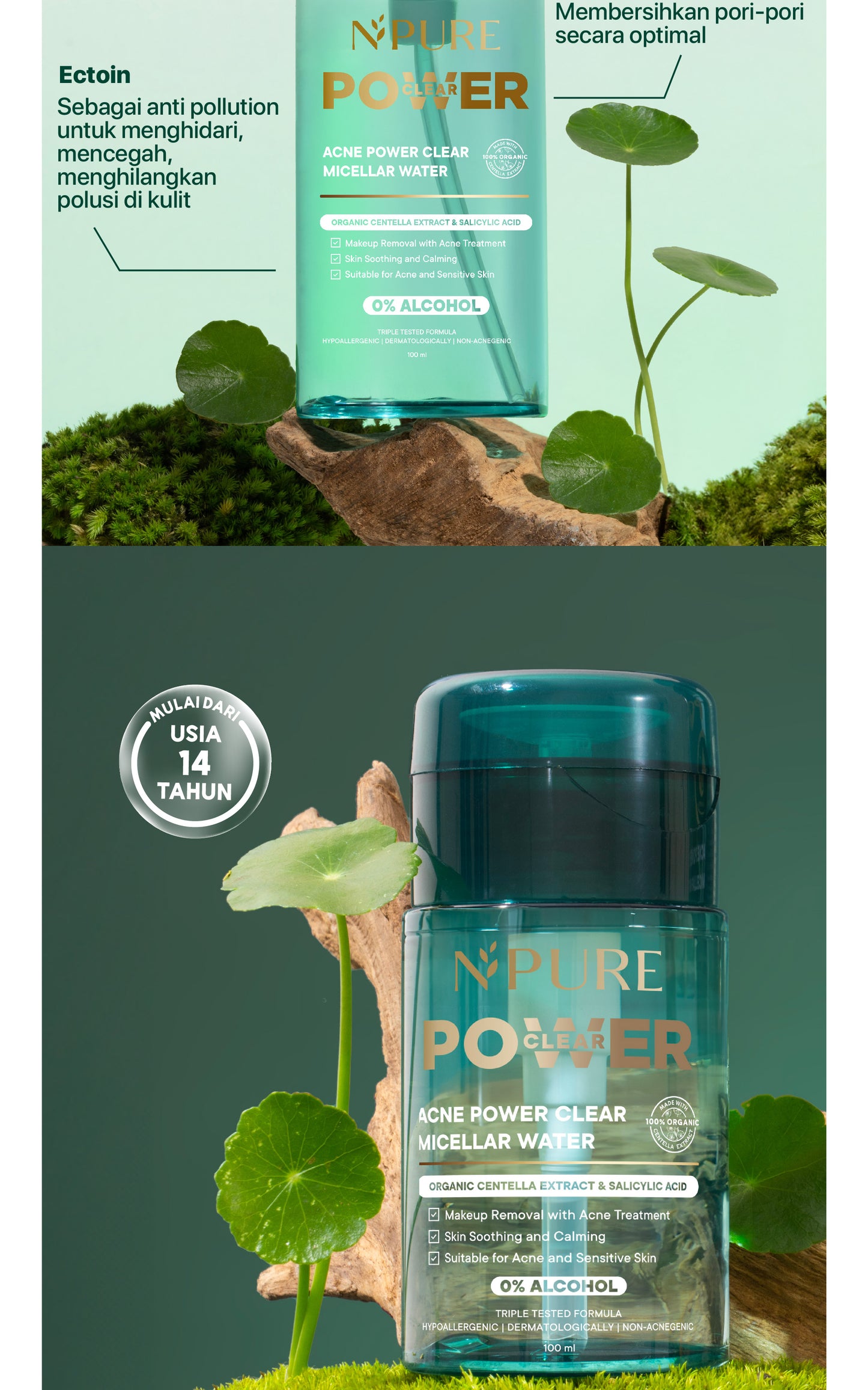 NPURE Acne Power Clear Micellar Water 100ml / Micellar No Alcohol / SLS Free 100ml / Travel Size