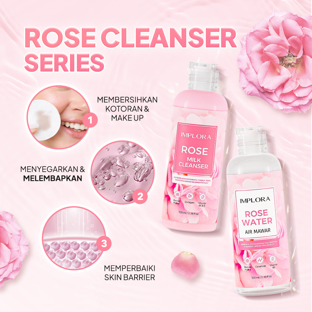 Implora Rose Cleanser Series | Micellar water mawar pembersih wajah | Mencerahkan dan Melembapkan Kulit