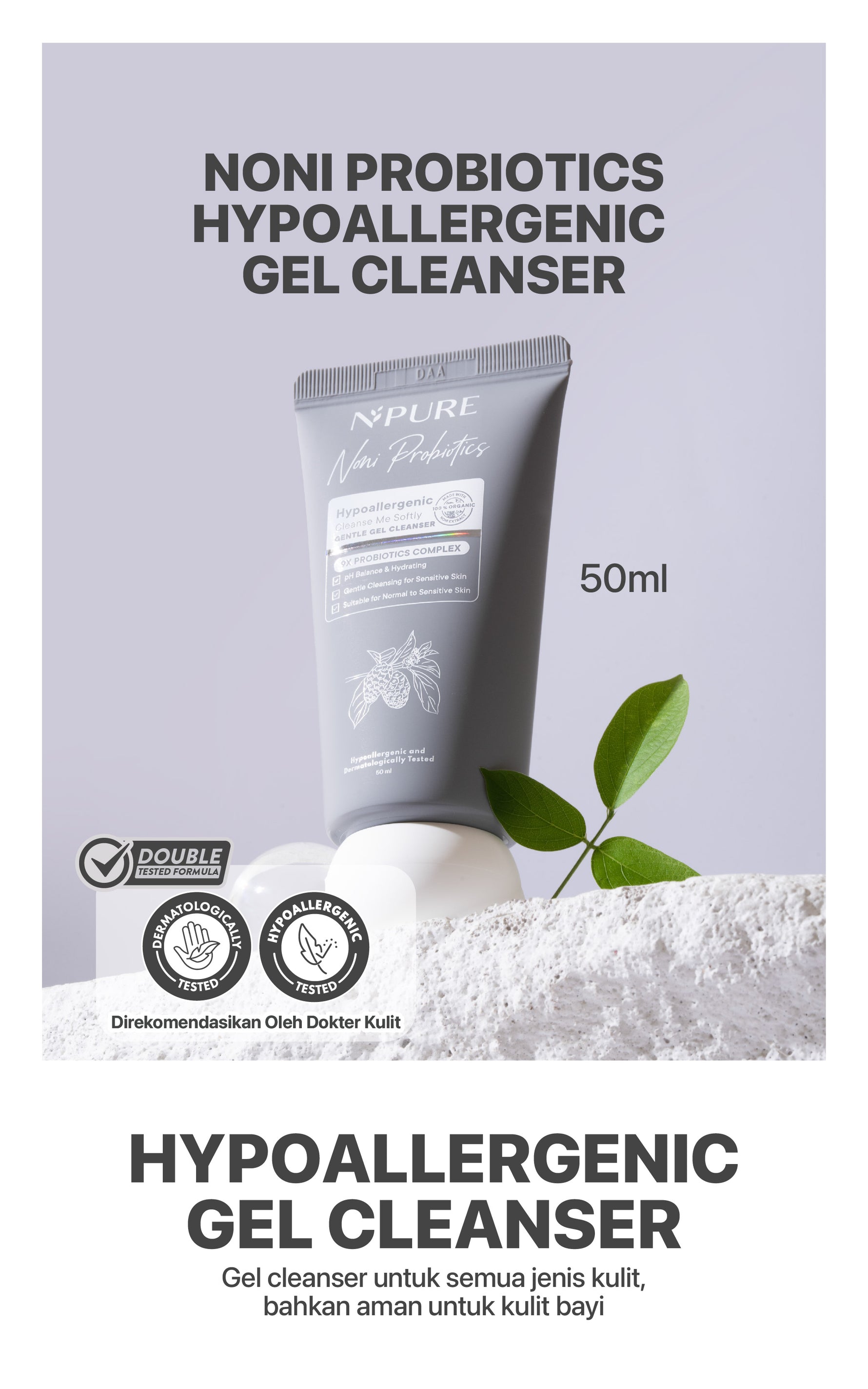 NPURE Cleanser Gel Noni Mini 50ML / Cleanse Me Softly / Gentle Skin Cleanser / Pembersih Wajah Hypoallergenic / Sensitive Approved / Eczema / Semua Jenis Kulit / ph Balance / Travel Size
