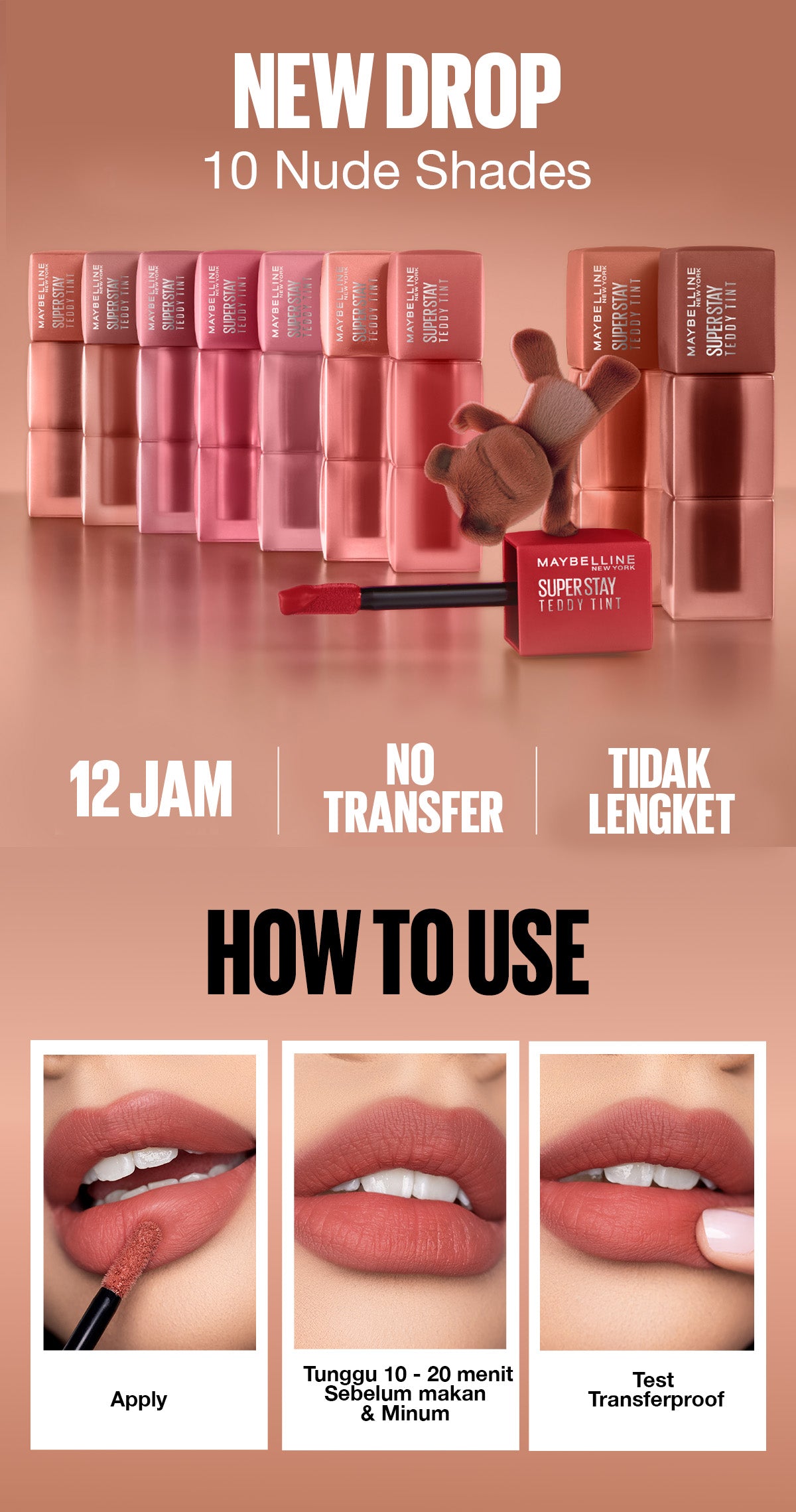 MAYBELLINE OFFICIAL Superstay Teddy Tint 5 mL - Teddy Soft Matte Tahan 12 Jam Lipstick Lipcream Lipstik Perfect Lip Tint