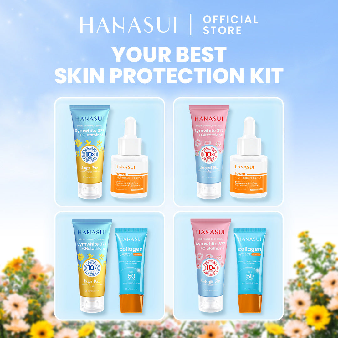 Hanasui Brightening & Protection Combo - Brigthening Body Serum Sunscreen SPF 50 Power Bright Expert Serum Mencerahkan Menenangkan dan Menghidrasi Kulit dengan kandungan Niacinamide Symwhite377 dan Vitamin E