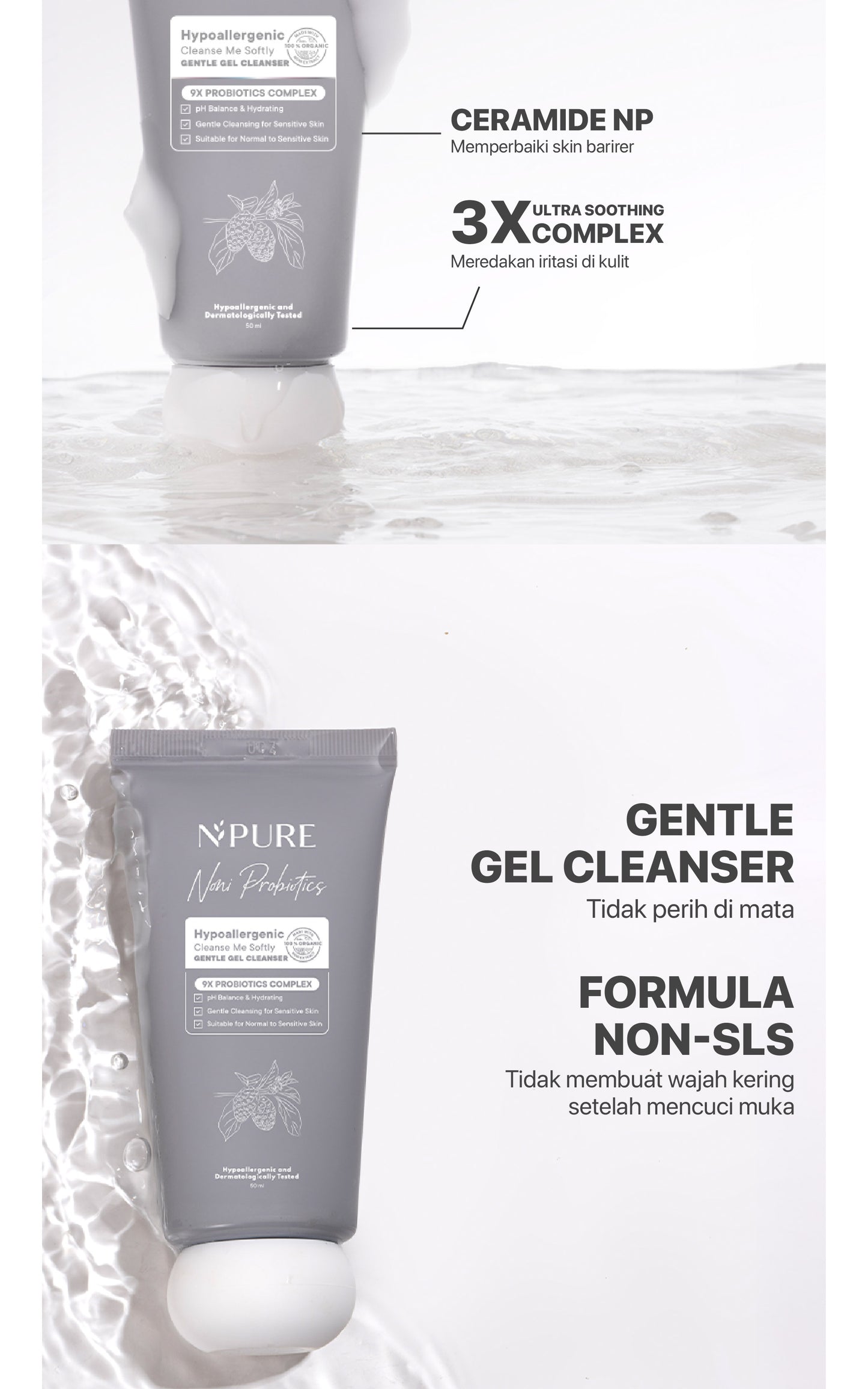 NPURE Cleanser Gel Noni Mini 50ML / Cleanse Me Softly / Gentle Skin Cleanser / Pembersih Wajah Hypoallergenic / Sensitive Approved / Eczema / Semua Jenis Kulit / ph Balance / Travel Size