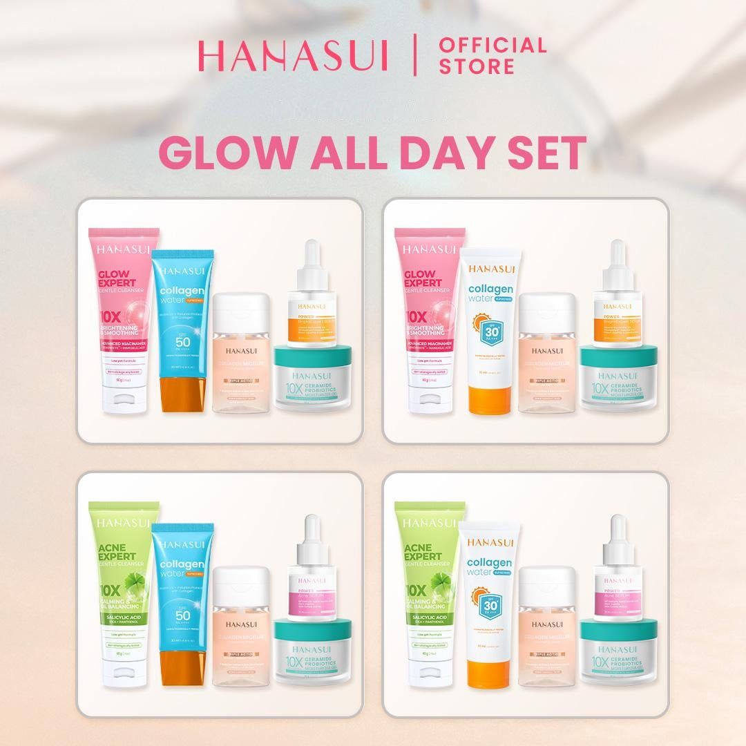 Hanasui Glow All Day Set - Micellar Cleansing Water Glow Acne Expert Gentle Cleanser Bright Expert Serum Sunscreen SPF 50 & 30 Moisturizer Gel Membersihkan Menyegarkan dan Menghidrasi Mencerahkan Kulit