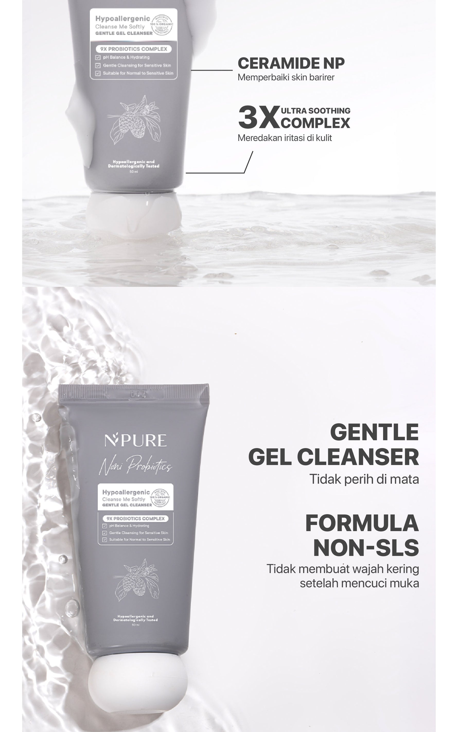 TRAVEL KIT - NPURE Cleanser Gel Noni Mini 50Ml / Cleanse Me Softly / Gentle Skin Cleanser / Pembersih Wajah Hypoallergenic / Sensitive Approved / Eczema / Semua Jenis Kulit / ph Balance / Travel Size