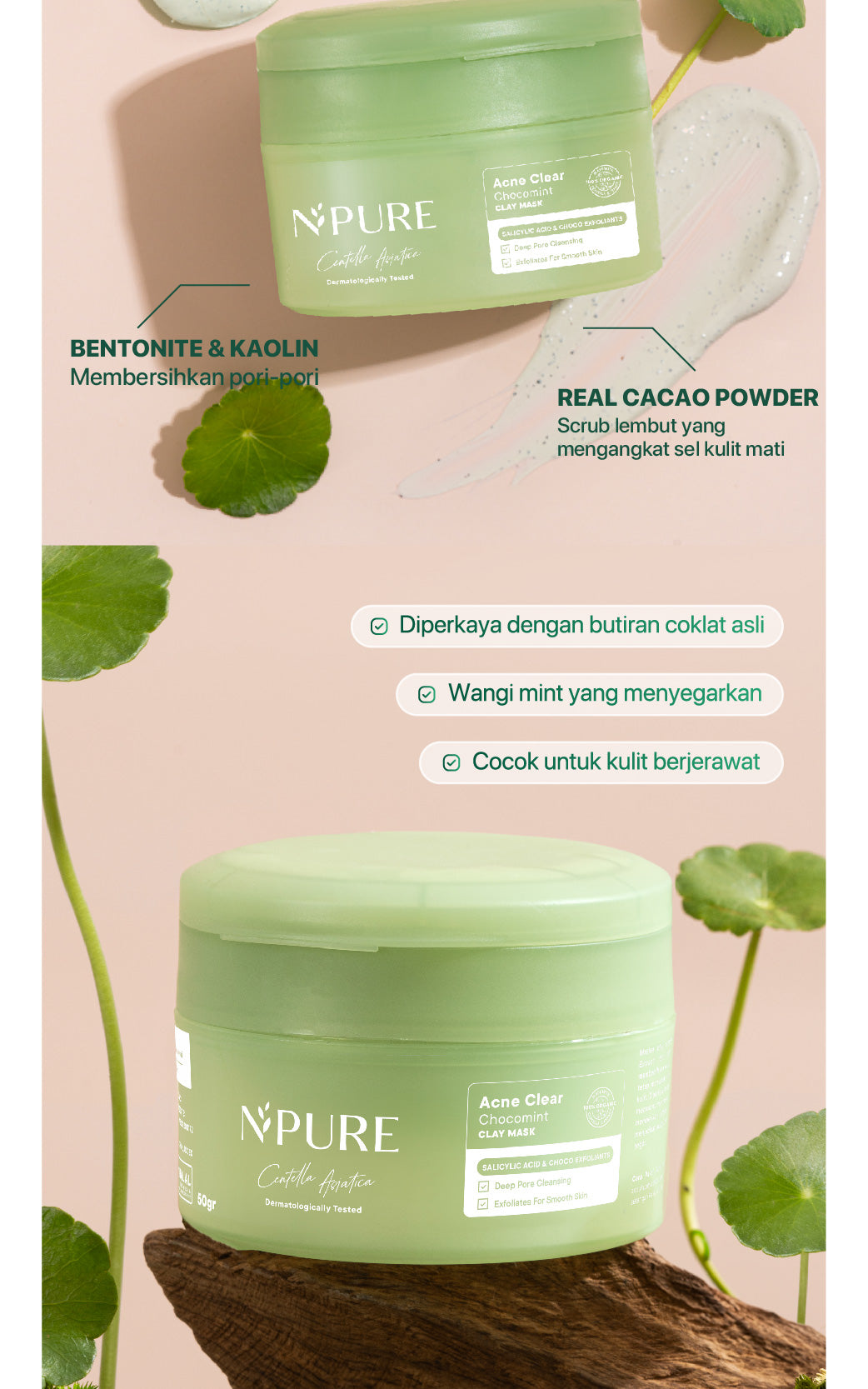 NPURE CENTELLA ASIATICA ACNE CLEAR CHOCOMINT CLAY MASK / Masker Anti Jerawat Komedo / Masker Kulit Berminyak
