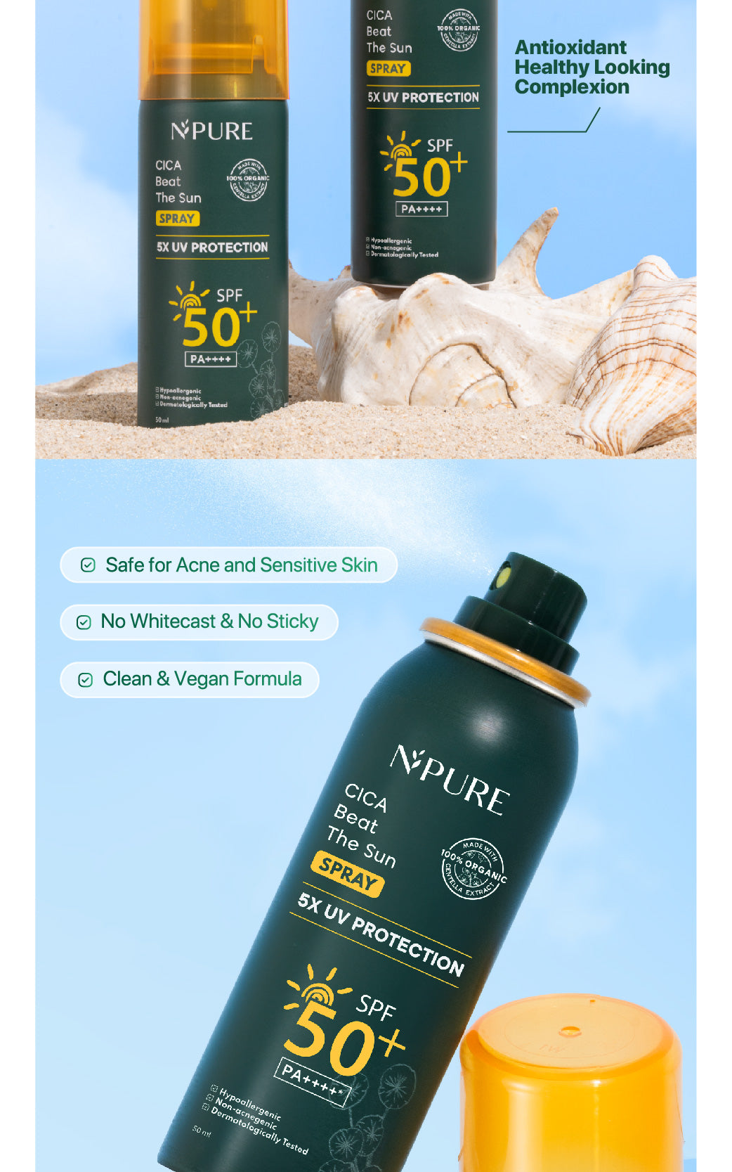 SUNSCREEN SPRAY - NPURE Cica Beat The Sun Spray  Healthy Glow & SPF Protection SPF 50+ dan PA++++ / Sunscreen Spray / Sunscreen Organic Centella Extract /Sunscreen Kulit jerawat dan beruntusan /  Sunscreen kulit normal