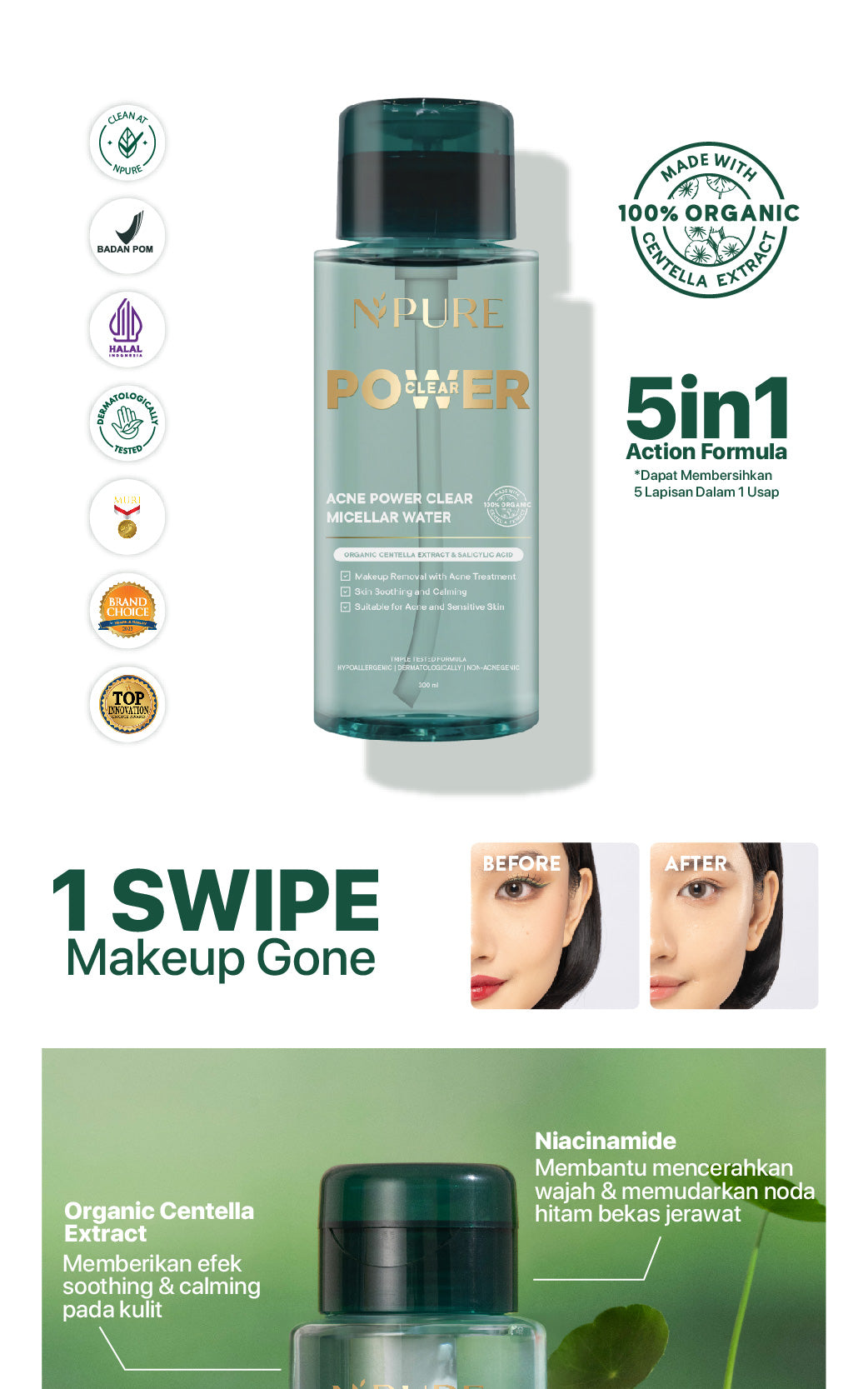 NPURE Acne Power Clear Micellar Water 300ML / Micellar No Alcohol / SLS Free