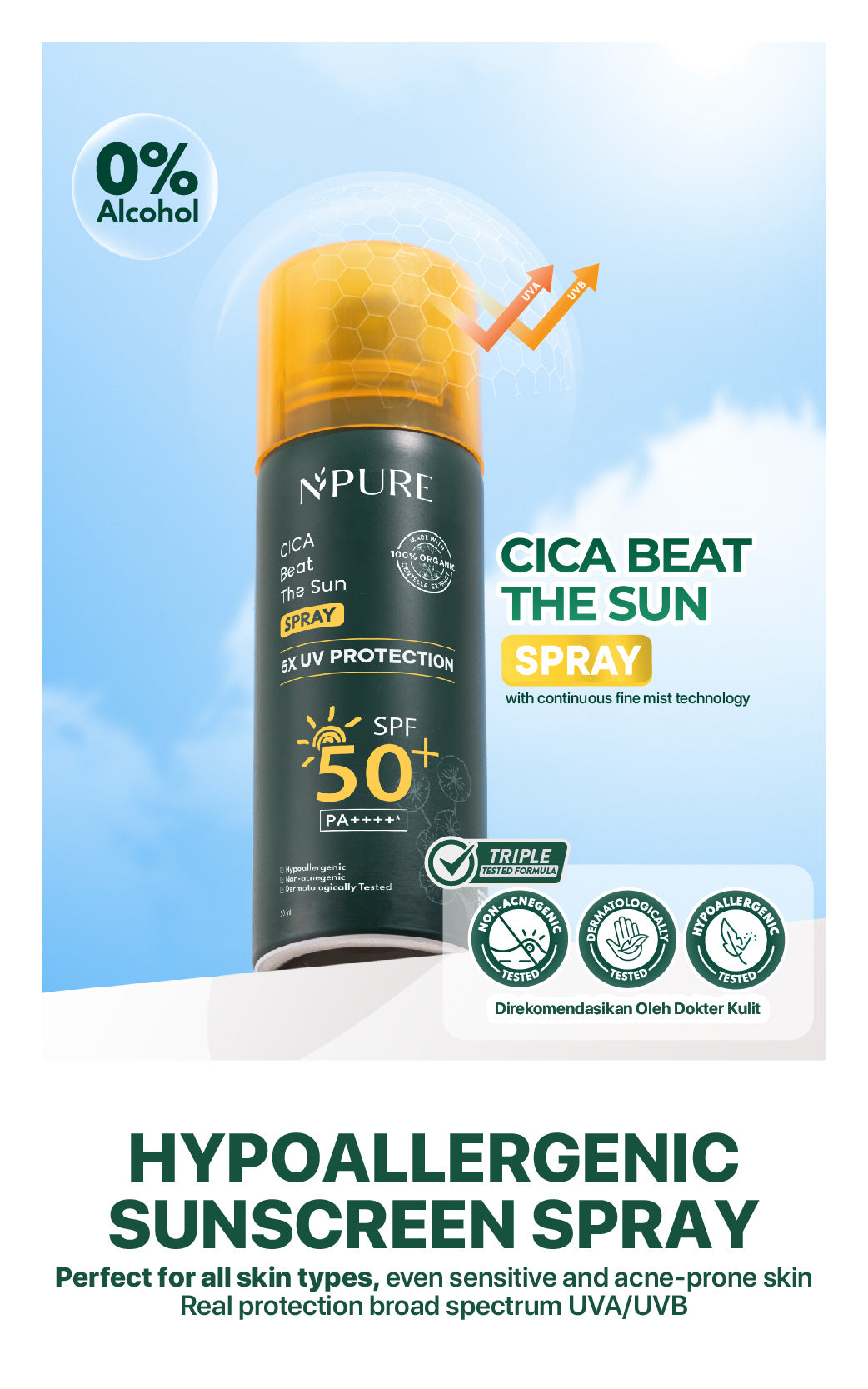 NPURE Cica Beat The Sun Spray Healthy Glow & SPF Protection SPF 50+ dan PA++++ / Sunscreen Spray / Sunscreen Organic Centella Extract /Sunscreen Kulit jerawat dan beruntusan /  Sunscreen kulit normal