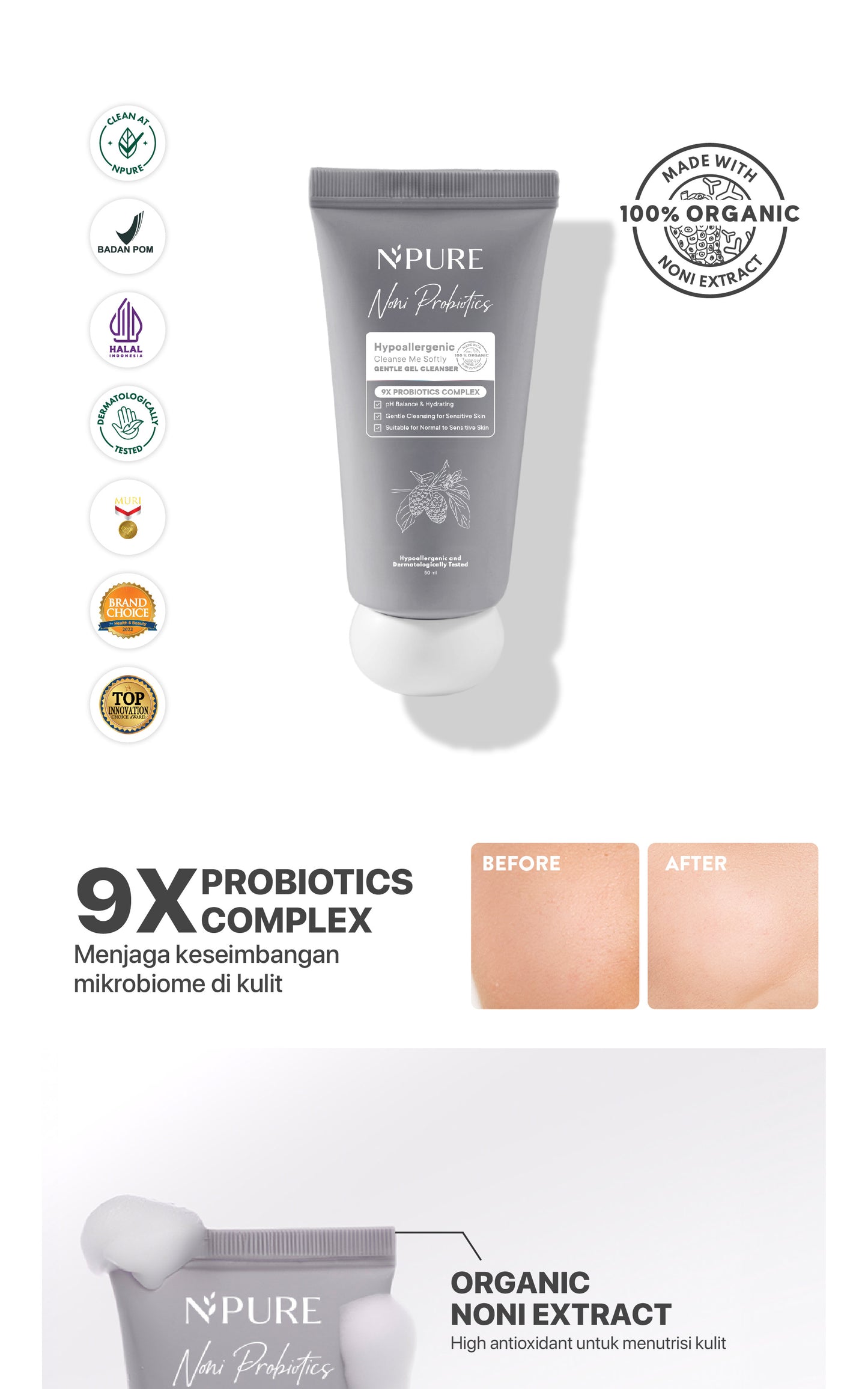 3 PCS - 50ML GEL CLEANSER NPURE NONI PROBIOTICS "CLEANSE ME SOFTLY" Ceramide Extract Kering Kotoran Membersihkan Wajah