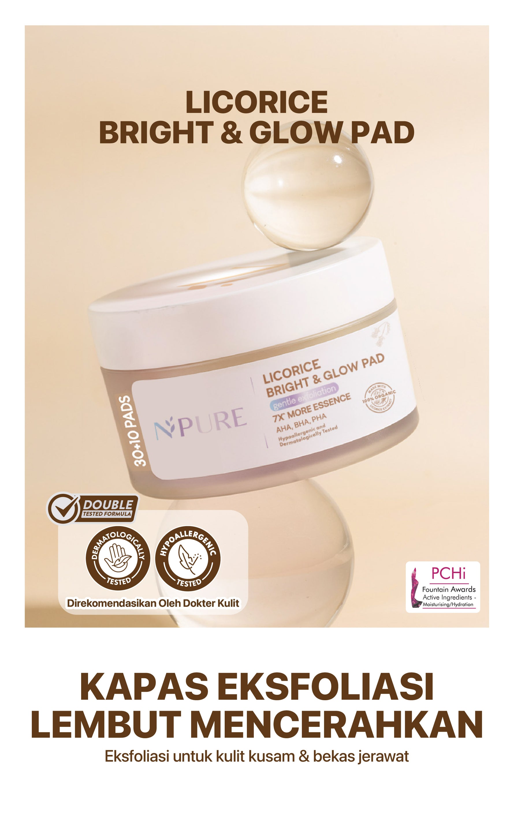FREE SHEETMASK - NPURE Brightening Exfoliating Pad Licorice / Light Up / Kapas Wajah Exfoliasi Cerah Glowing