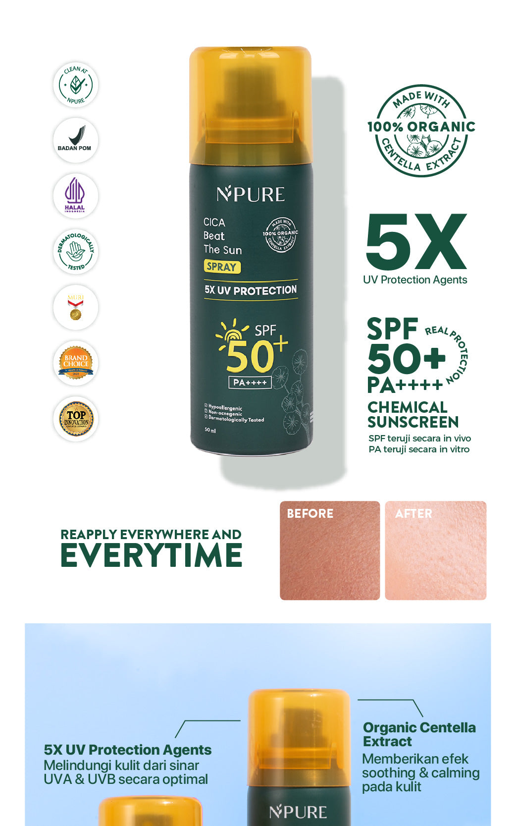 NPURE Cica Beat The Sun Spray Healthy Glow & SPF Protection SPF 50+ dan PA++++ / Sunscreen Spray / Sunscreen Organic Centella Extract /Sunscreen Kulit jerawat dan beruntusan /  Sunscreen kulit normal