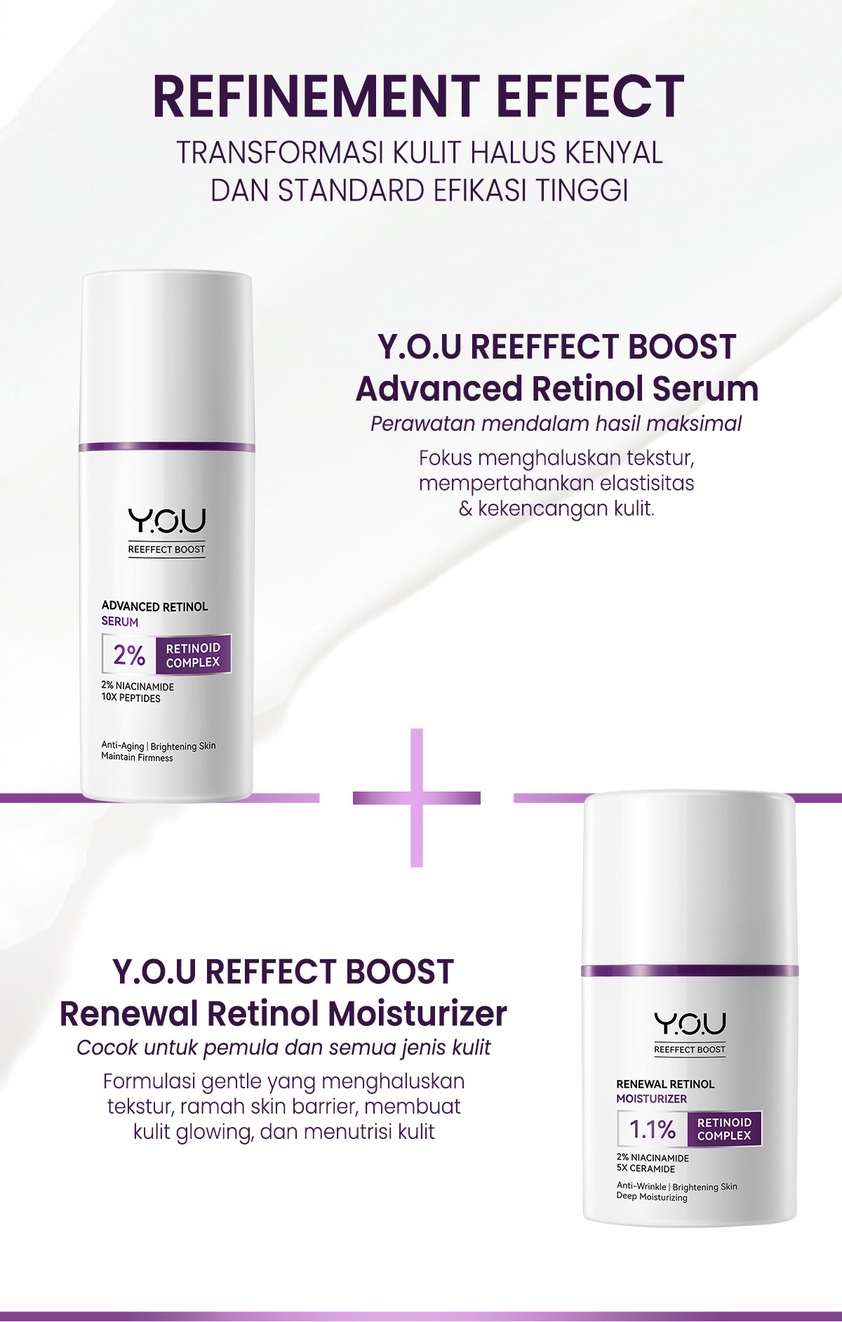 YOU Retinol 2pcs Set Advanced Retinol Serum 15ml + Renewal Retinol Moisturizer Anti aging Retinol Paket kulit cerah Brightening Dark spot noda hitam Memperbaiki tekstur kulit Anti aging Menyamarkan mencegah kerutan dan garis halus