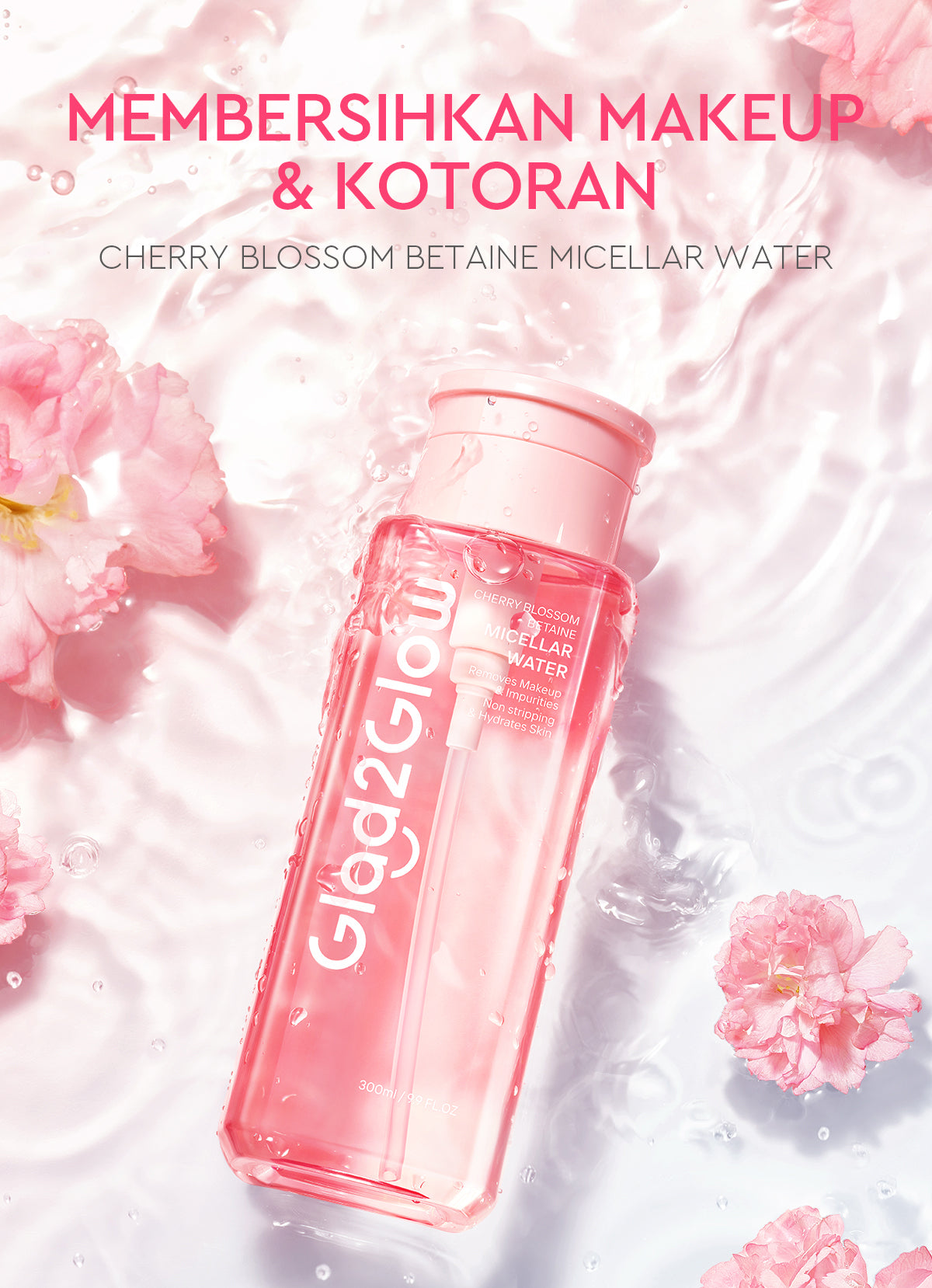[READY STOCK] Glad2Glow Cherry Blossom Micellar Water 300ml Untuk Semua Kulit Lembut cleansing oil Penghapus Makeup Waterproof Hapus Riasan Tahan Air dengan Centella dan Tanpa Iritasi untuk Kulit Sensitif dan Berjerawat g2glow official store