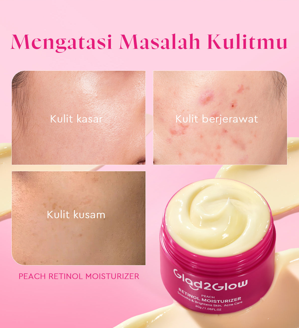 [Tasyafarasya Approved]Glad2Glow Peach Retinol Moisturizer Pelembab Anti Penuaan Penghalang Kulit Mencerahkan Flek Hitam Mengurangi kerutan mencerahkan warna kulit menghaluskan kulit mengecilkan pori-pori membesar dan melembabkan g2glow official store
