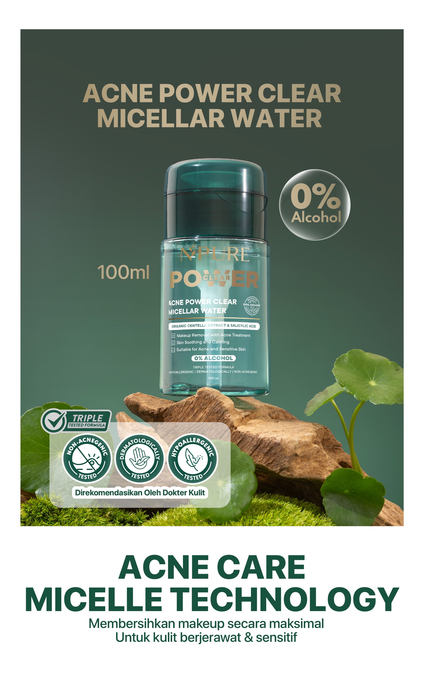 MICELLAR WATER 100ML - NPURE Acne Power Clear Micellar Water 100ml / Micellar No Alcohol / SLS Free 100ml / Travel Size