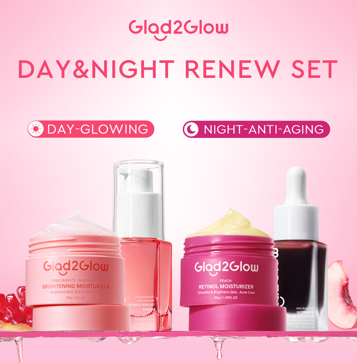 [ORDER NOW, HEMAT 30K]Glad2Glow Day & Night Renew Cerah Bundle Moisturizer+Serum Set Brightening 10%Niacinamide Peeling Eksfoliasi Retinol  tone up Pelembab Tubuh Kit Perawatan Kulit Hidrasi Delima Pelembab Wajah Pencerah Krim Gel g2glow official store