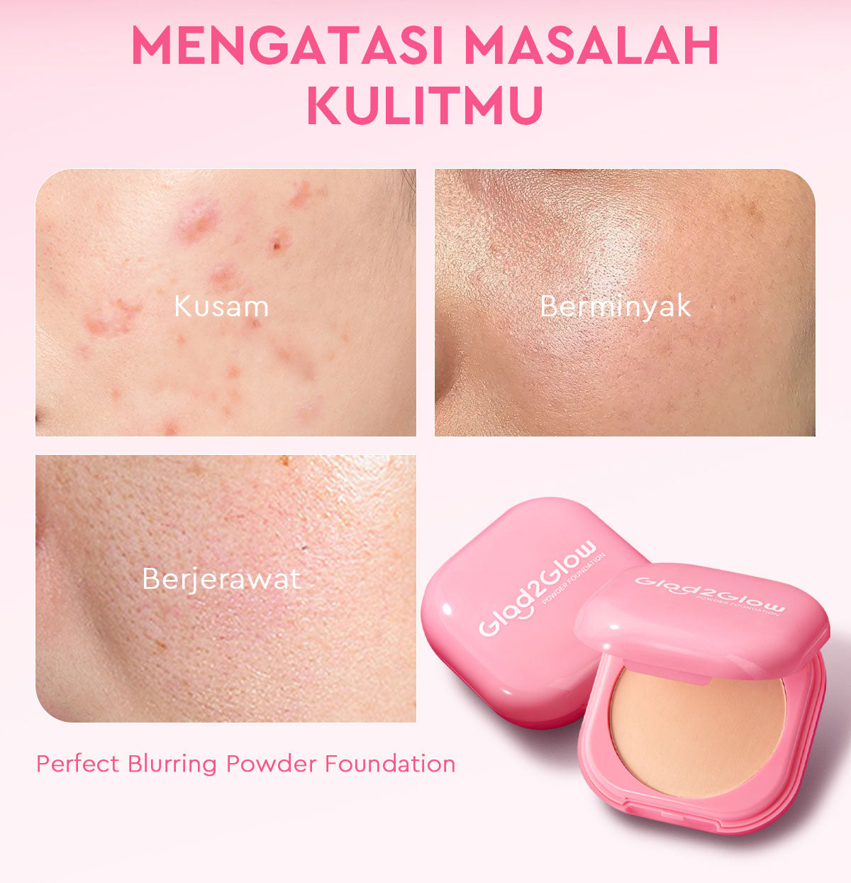 Glad2Glow Perfect Blurring Powder Foundation waterproof setting two way cake TWC Mengandung squalane dan vitamin E concealer pengontrol minyak meratakan warna kulit bantalan udara yang menjaga kelembapan alas bedak krim BB concealer g2glow official store