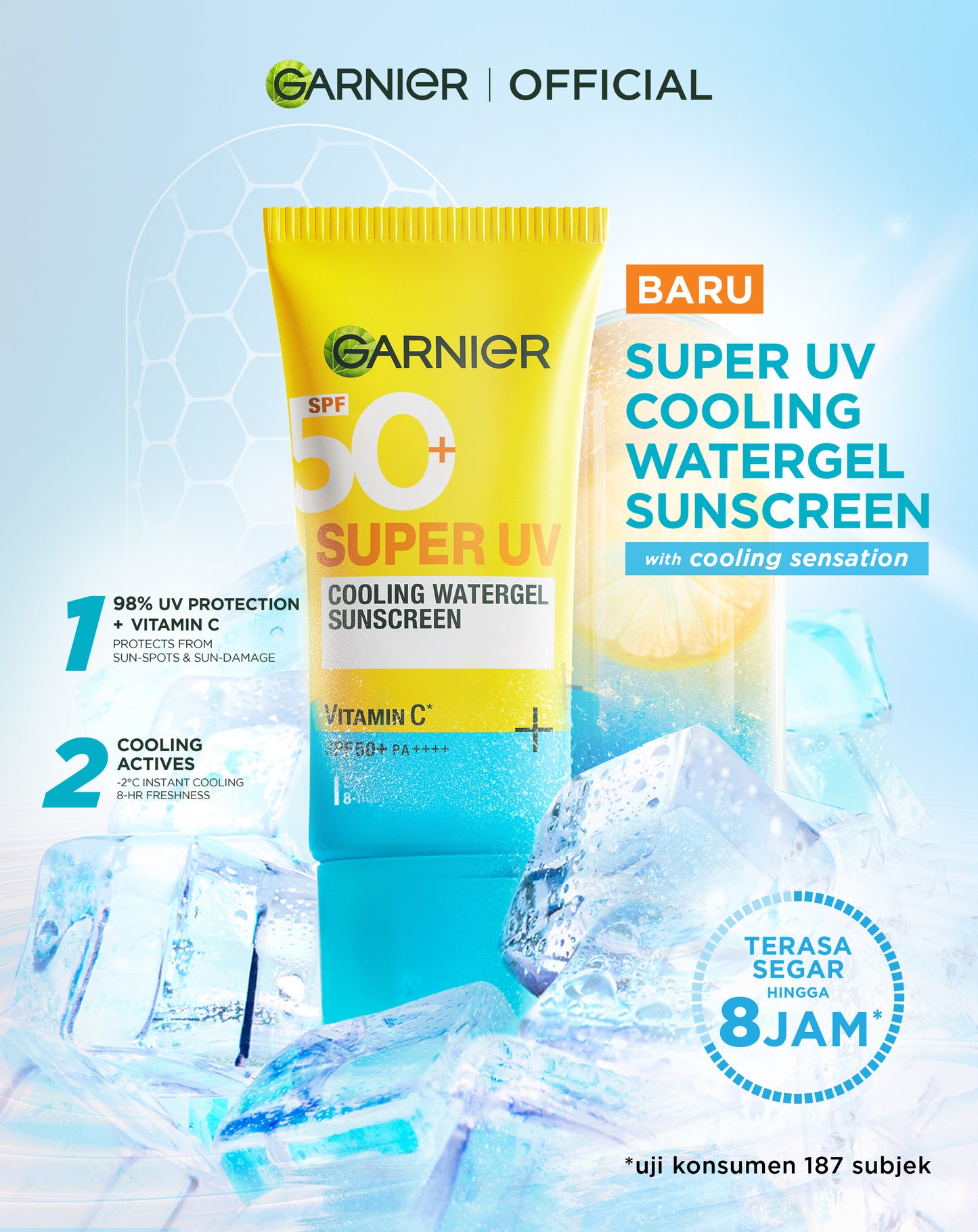 GARNIER Super UV Cooling Watergel Sunscreen SPF 50+ PA++++ Vitamin C Skincare - 30ml Sunscreen dengan sensasi dingin sunscreen spf 50 pa ++++