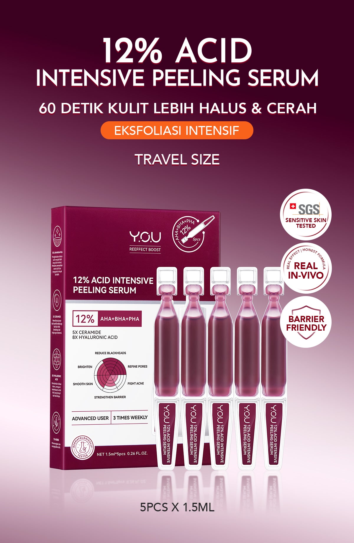 YOU 12% ACID INTENSIVE PEELING SERUM 1.5ML*5 [TRAVEL SIZE] | AHA BHA PHA |Eksfoliasi Kulit Cerah Halus | Pori Besar
