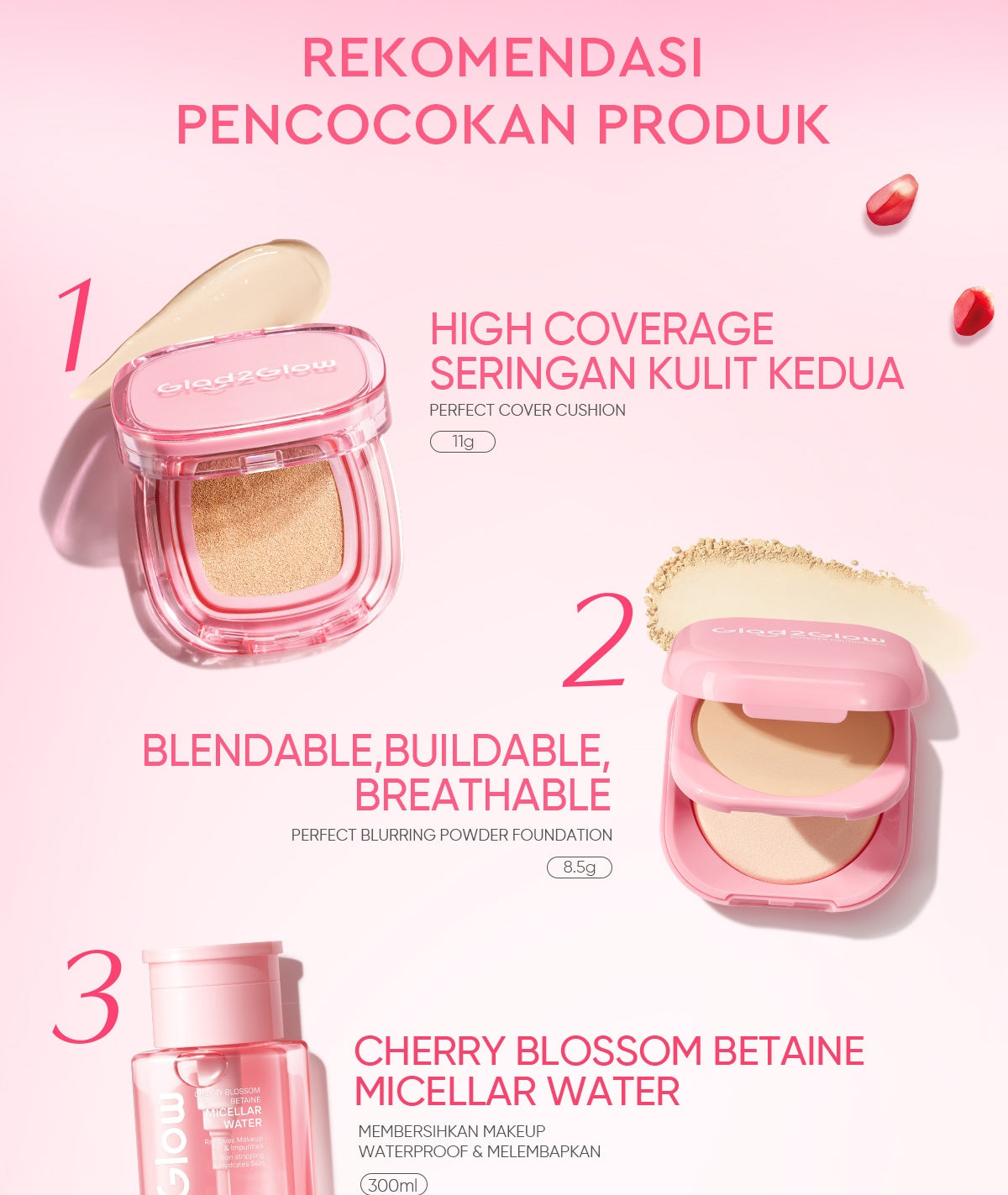 [ORDER NOW, HEMAT 35K]Glad2Glow Perfect Blurring Powder Foundation&Perfect Cover Cushion foundation  Setting waterproof Concealer Oil-Control matte Sweatproof Finish Poreless Highlighting Contouring Refill two way cake BB CC makeup g2glow official store