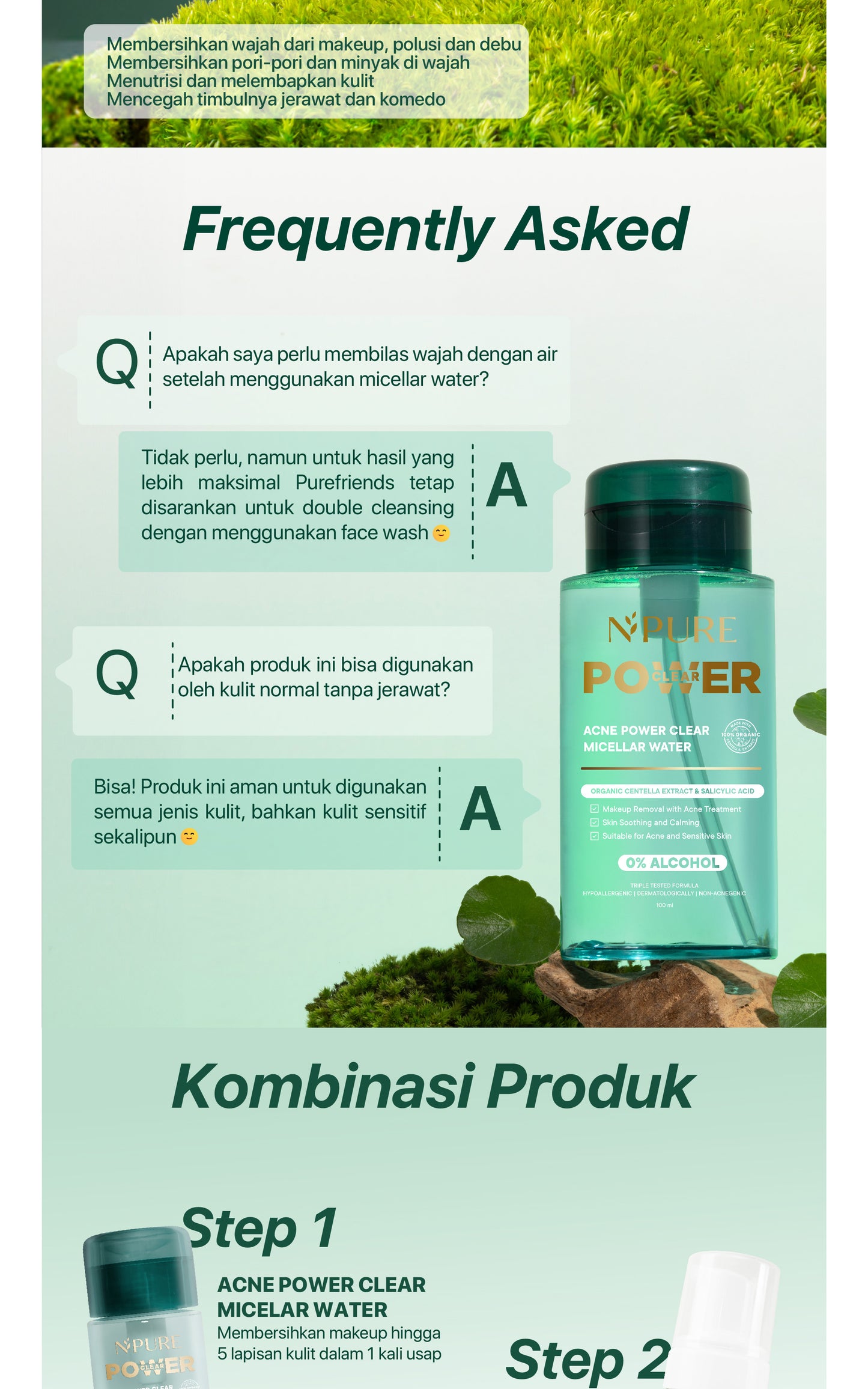 NPURE Acne Power Clear Micellar Water 100ml / Micellar No Alcohol / SLS Free 100ml / Travel Size