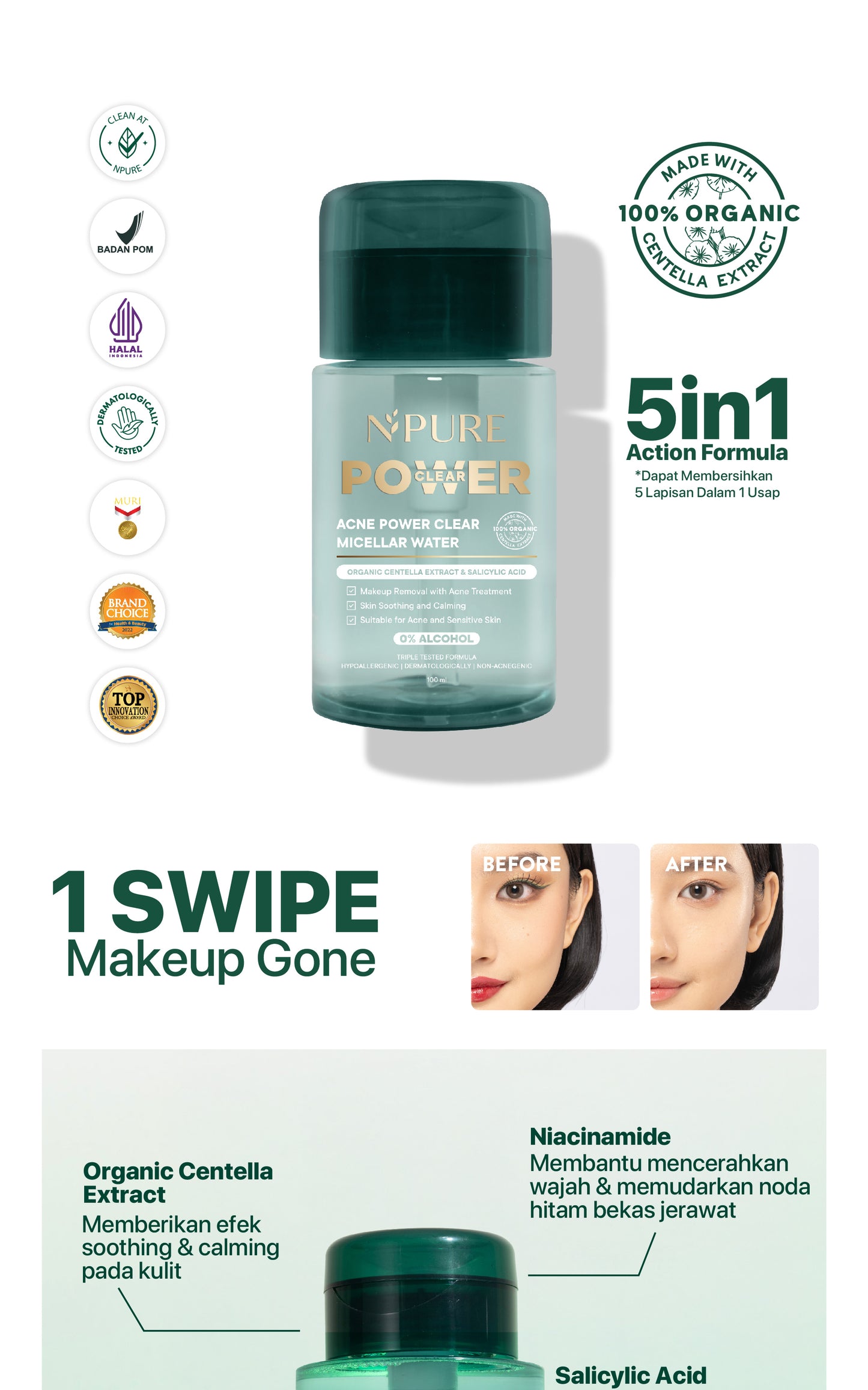 MICELLAR WATER 100ML - NPURE Acne Power Clear Micellar Water 100ml / Micellar No Alcohol / SLS Free 100ml / Travel Size